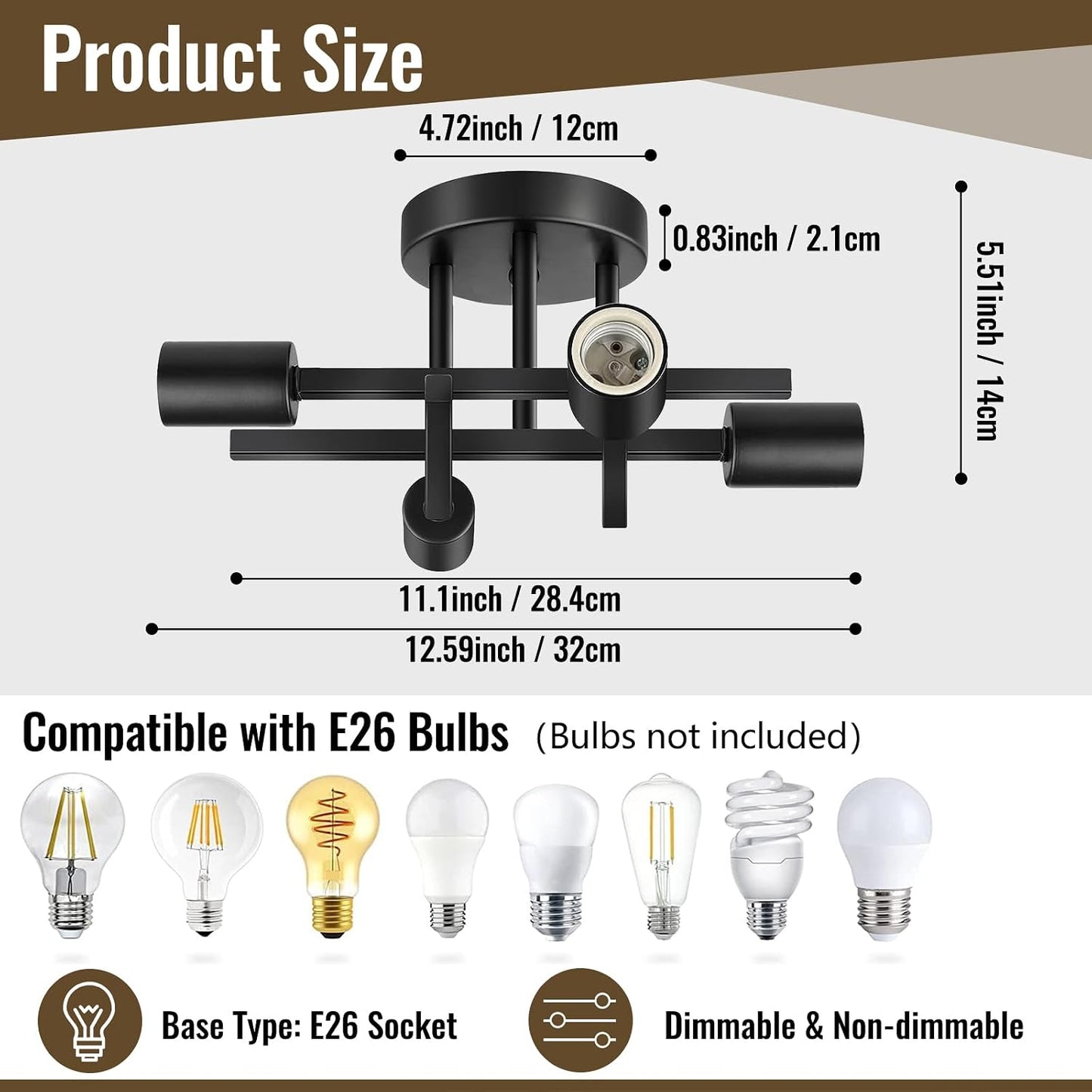 Ceiling Light, 4-Light Matte Black Semi Flush Mount Ceiling Light Fixture | Modern Dining Room Light Fixture with E26 Base,Kitchen Lighting Fixtures Ceiling, Sputnik Chandelier for Bedroom Living Room