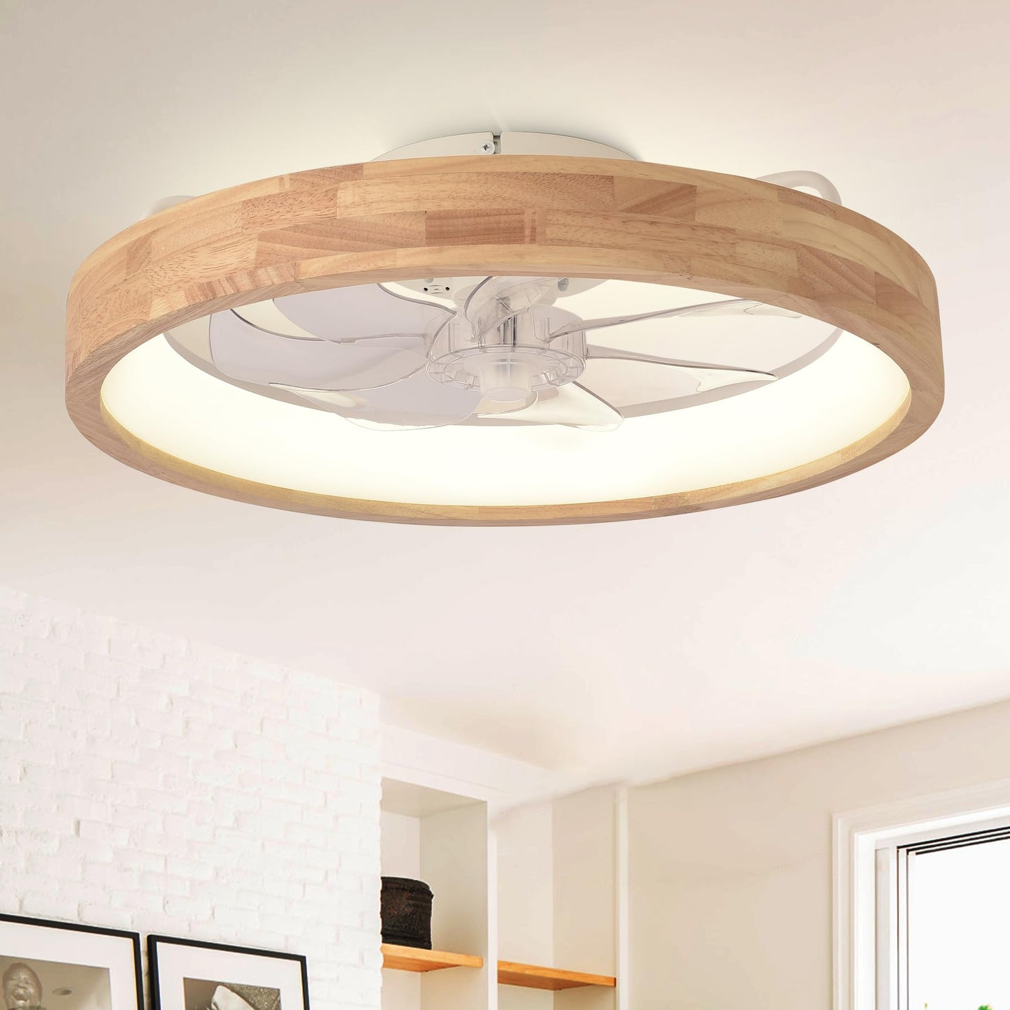 20" Modern Low Profile Flush Mount Wood Ceiling Fan with Light | Remote/APP, timer, memory, reversible, dimmable LED, 6 speeds; for bedroom, living room.