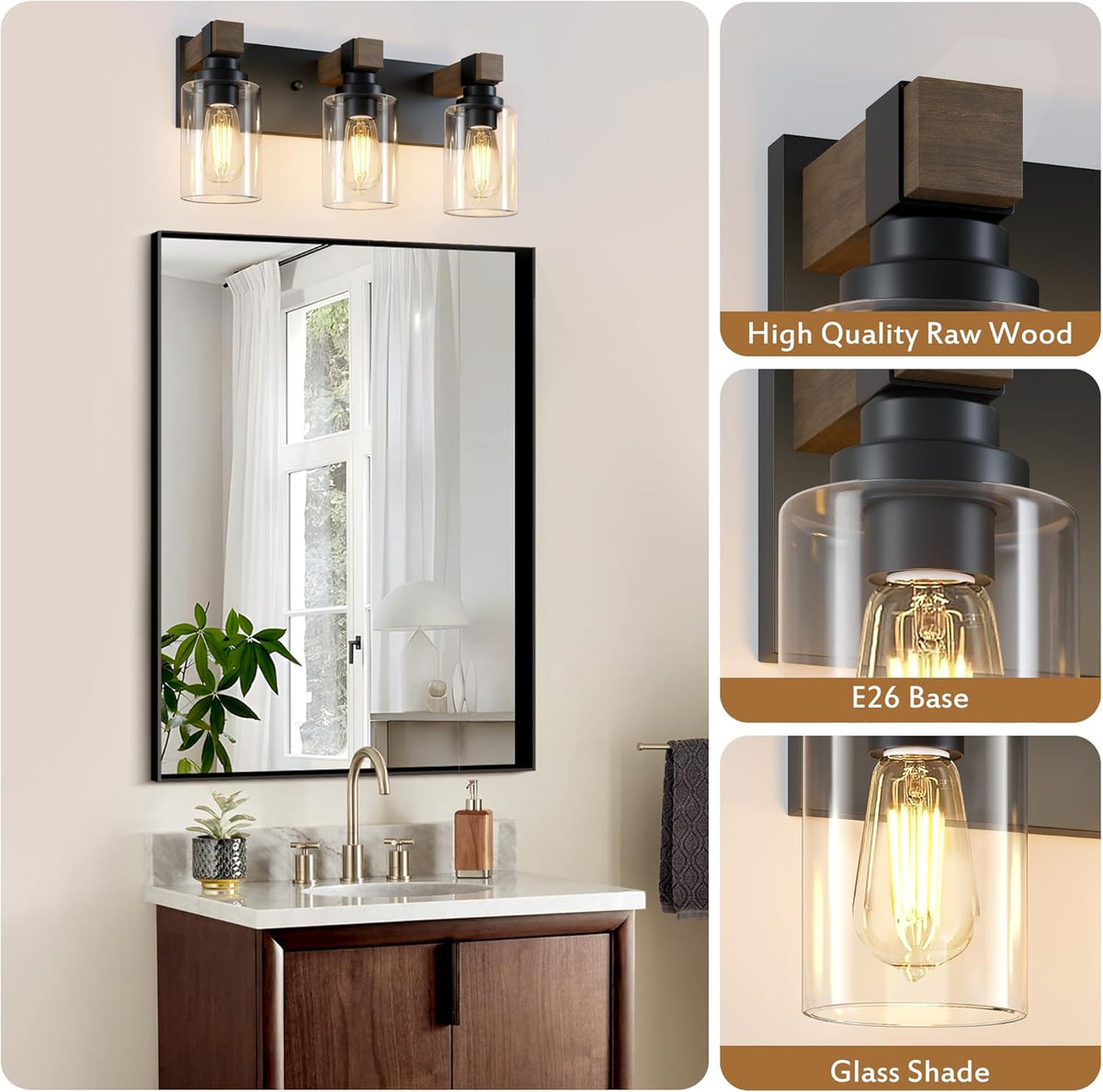 Farmhouse 3-Light Bathroom Vanity Light Fixtures, Black and Wood | 18.8″ Rustic Matte Black Metal Frame, Clear Glass Shades, Vintage Wall Sconces Lighting Over Mirror, for Bathroom Restroom