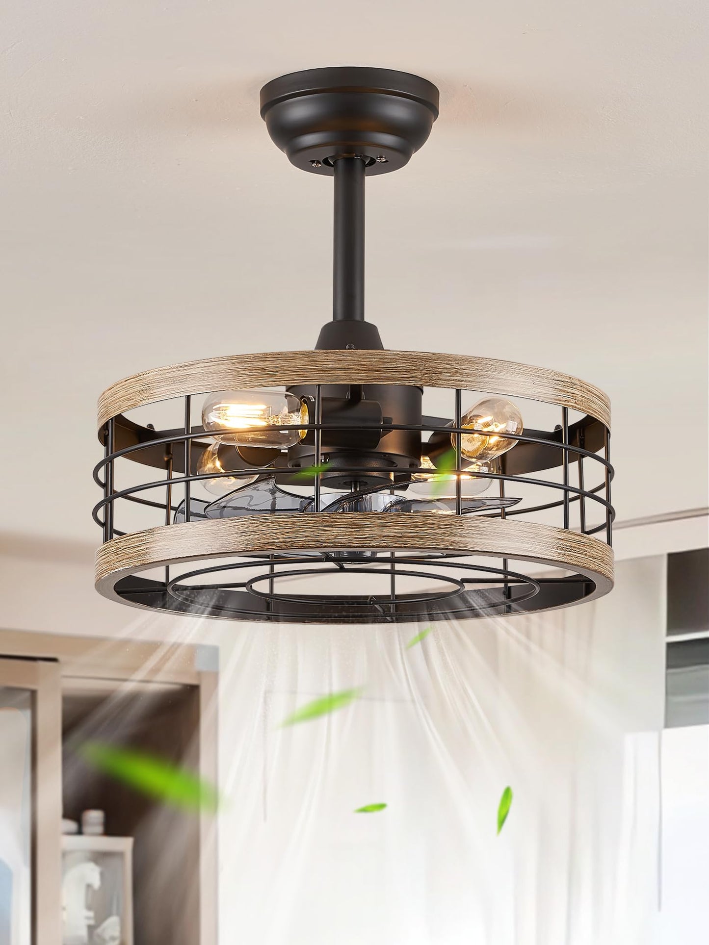 LEDIARY 20 inch Fandelier Caged Ceiling Fan with Light and Remote, Black | 6 Speed Adjustable,Timing, Quiet & Powerful DC, Small, Farmhouse, Industrial, Enclosed, Bladeless, Bedroom, Kitchen, Downrod
