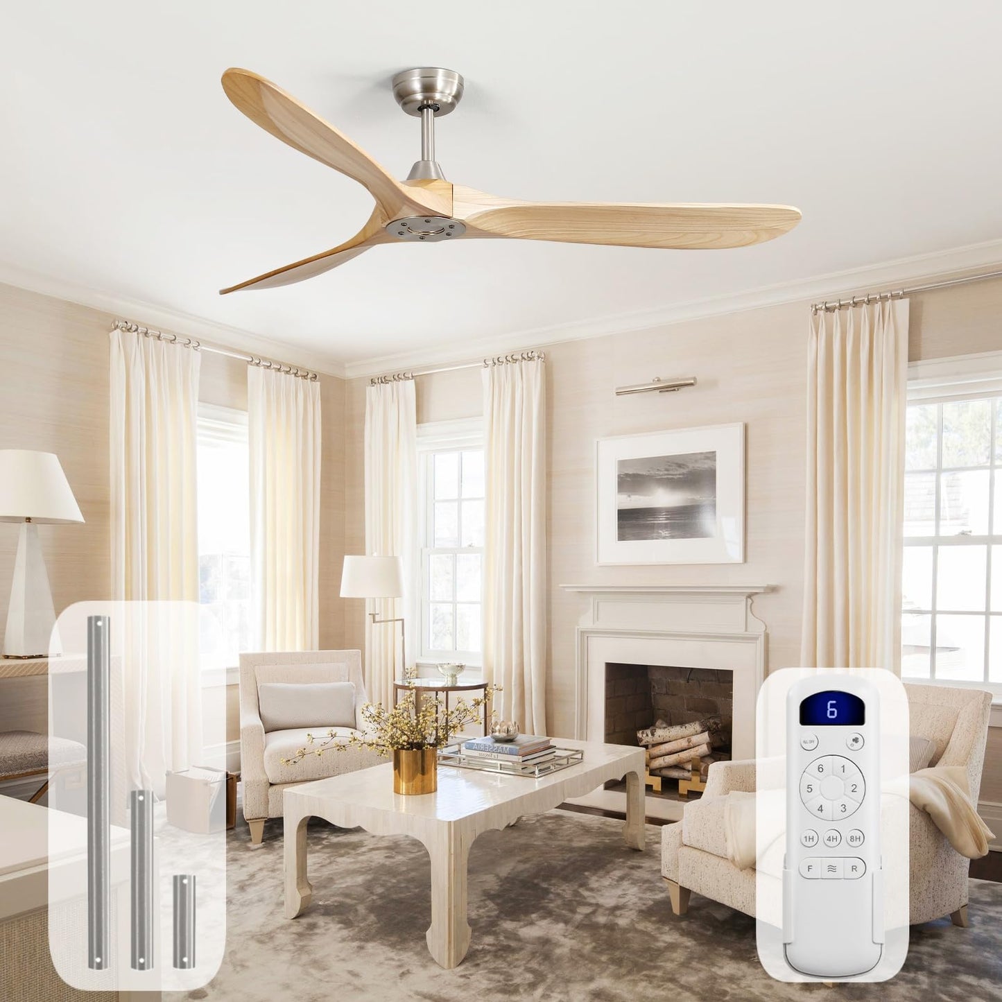 Sofucor 52 Inch Wood Ceiling Fans with Lights and Remote, Indoor/Outdoor | Modern, 3 Blade, Quiet Reversible DC Motor, 3CCT Dimmable, 6 Speeds, Timer, Bedroom/Living Room/Patio/Kitchen, Natural Wood