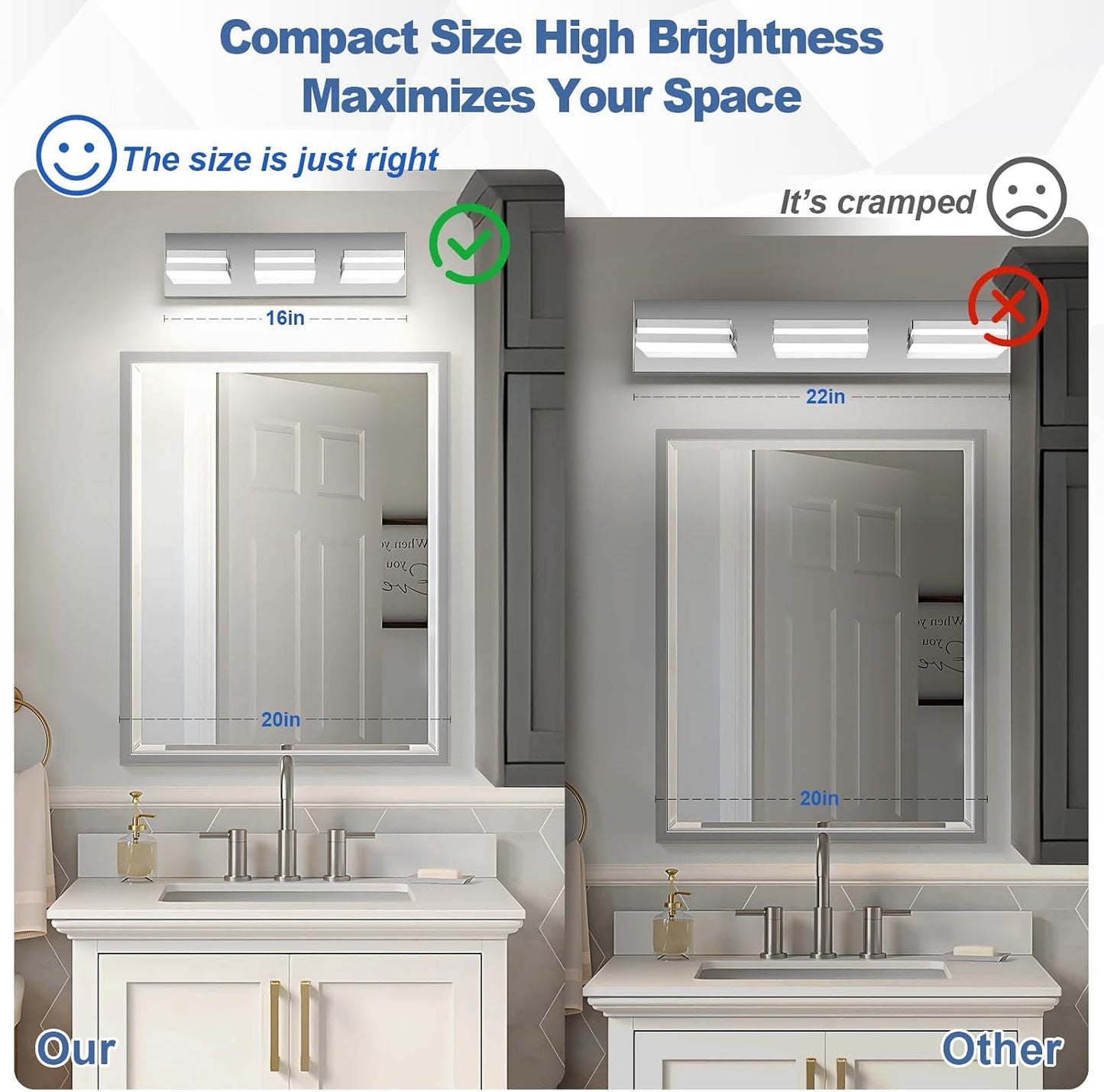 Modern LED Stainless Steel Chrome Acrylic Bathroom Lights Fixtures 3-Light | Wall Lighting,Vanity Lights for Bathroom Over Mirror 6000K 350°Rotate（No Assembly Required）