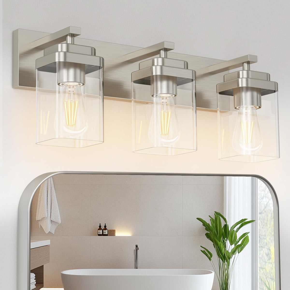 Black Bathroom Light Fixtures, 3 Lights Bathroom Lighting Fixtures Over Mirror, Square Design & Rectangle Large Backplate, Modern Vanity Lighting Fixtures, for Bathroom/Living Room/Bedroom