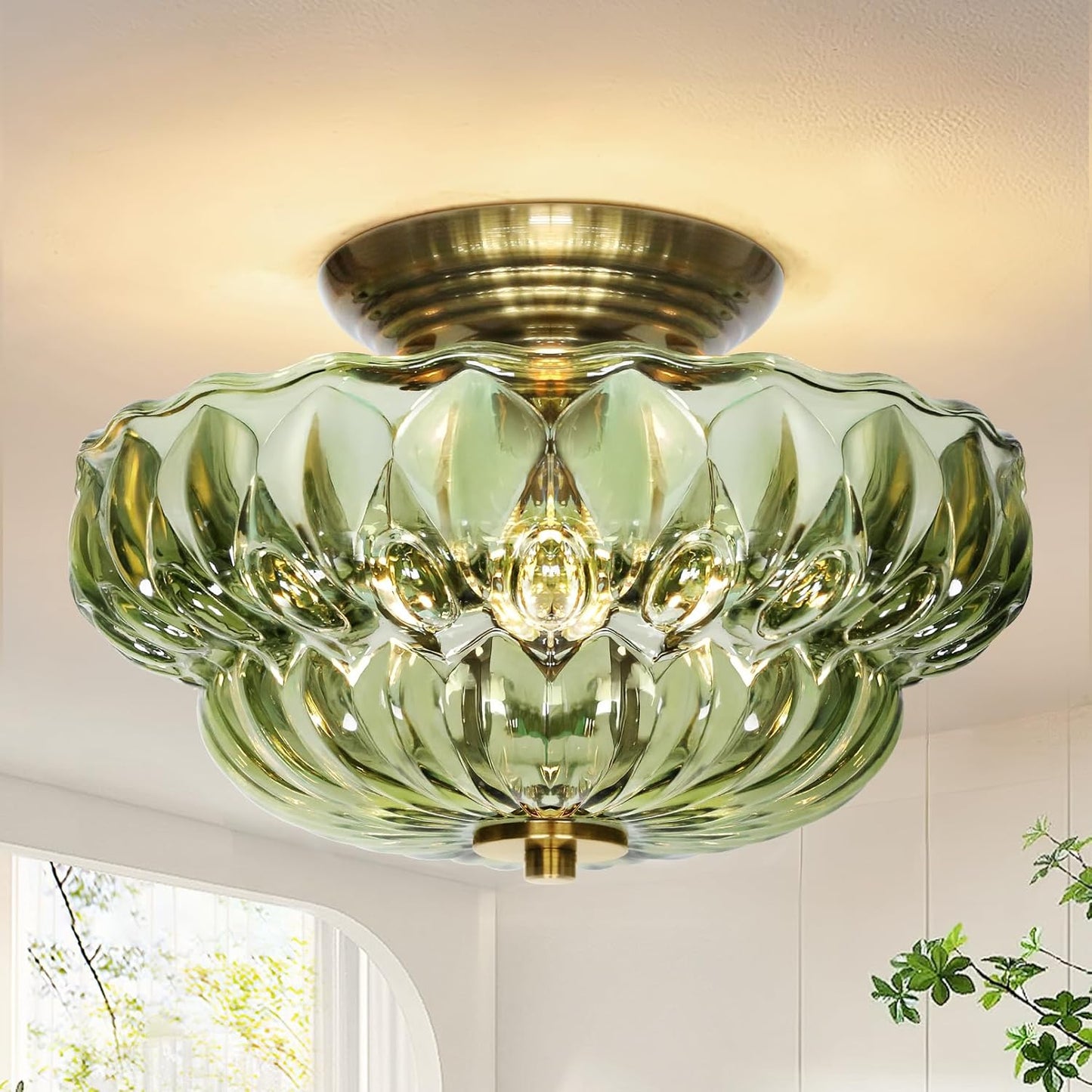 11" 3-Bulb Bright Semi Flush Mount Ceiling Light,Vintage Gold Hallway Light | OYKYOHEI Globe Close to Ceiling Light for Bathroom/Dining Room/Entryway /Kitchen,Amber Glass,Easy Install,40W Max G9(NO BULB)