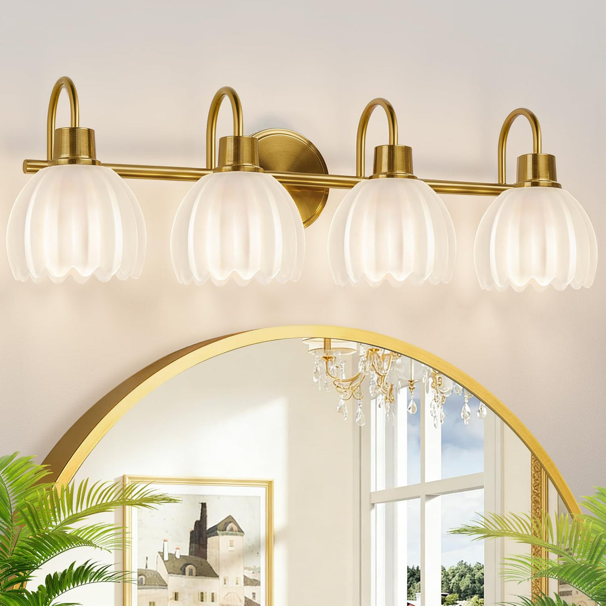Bathroom Light Fixtures, 3-Light Brushed Gold Vanity Lights for Bathroom with Ribbed Amber Tulip Glass Shade, 20 in Bathroom Vanity Lights Over Mirror for Bedroom, Living Room, Hallway