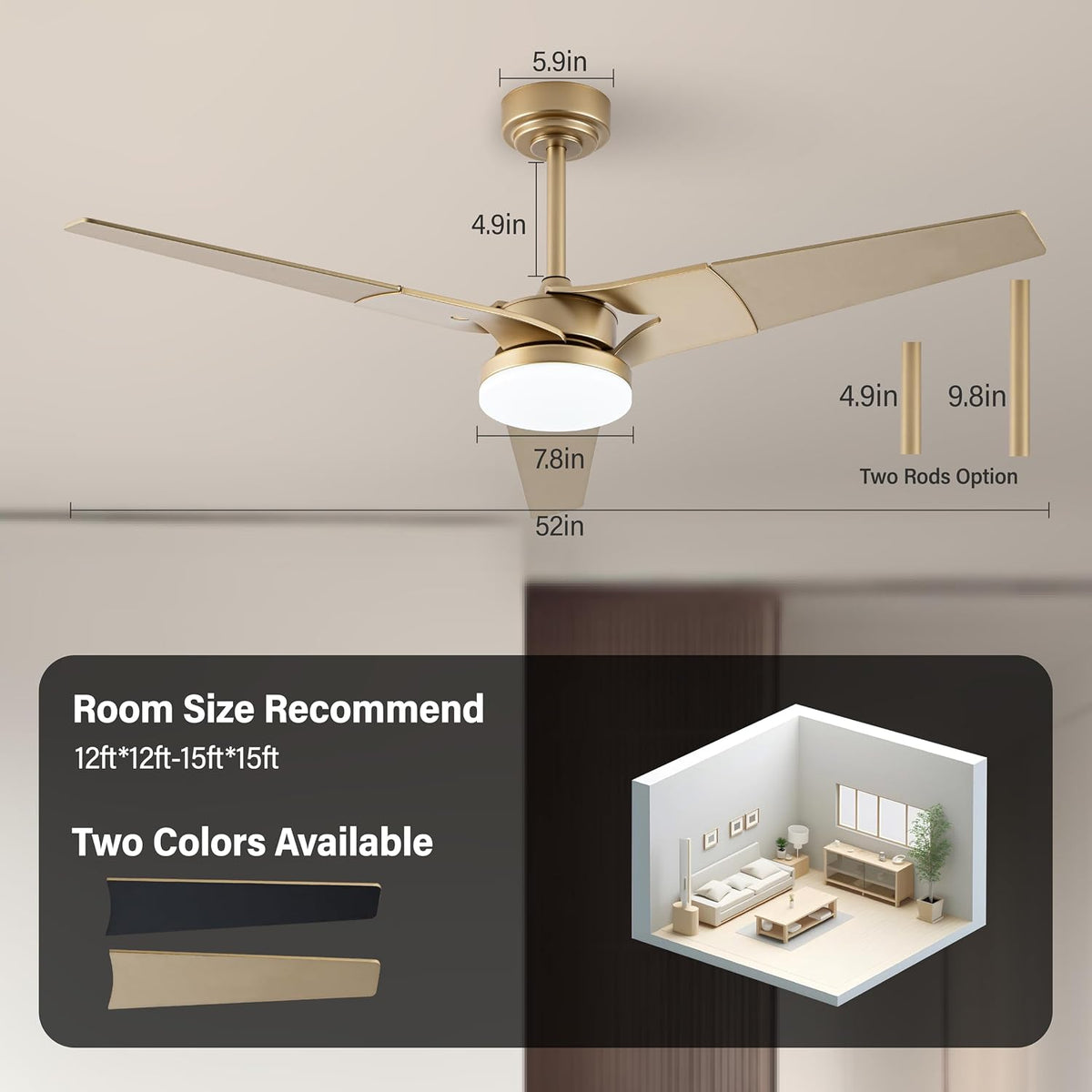 Gold Ceiling Fan with Lights and Remote, 52 In | 3 Blade Style, App Remote Control, Timer, Reversible, 3CCT, 6 Speed, 2 Color Blade for Indoor, Bedroom, Living Room