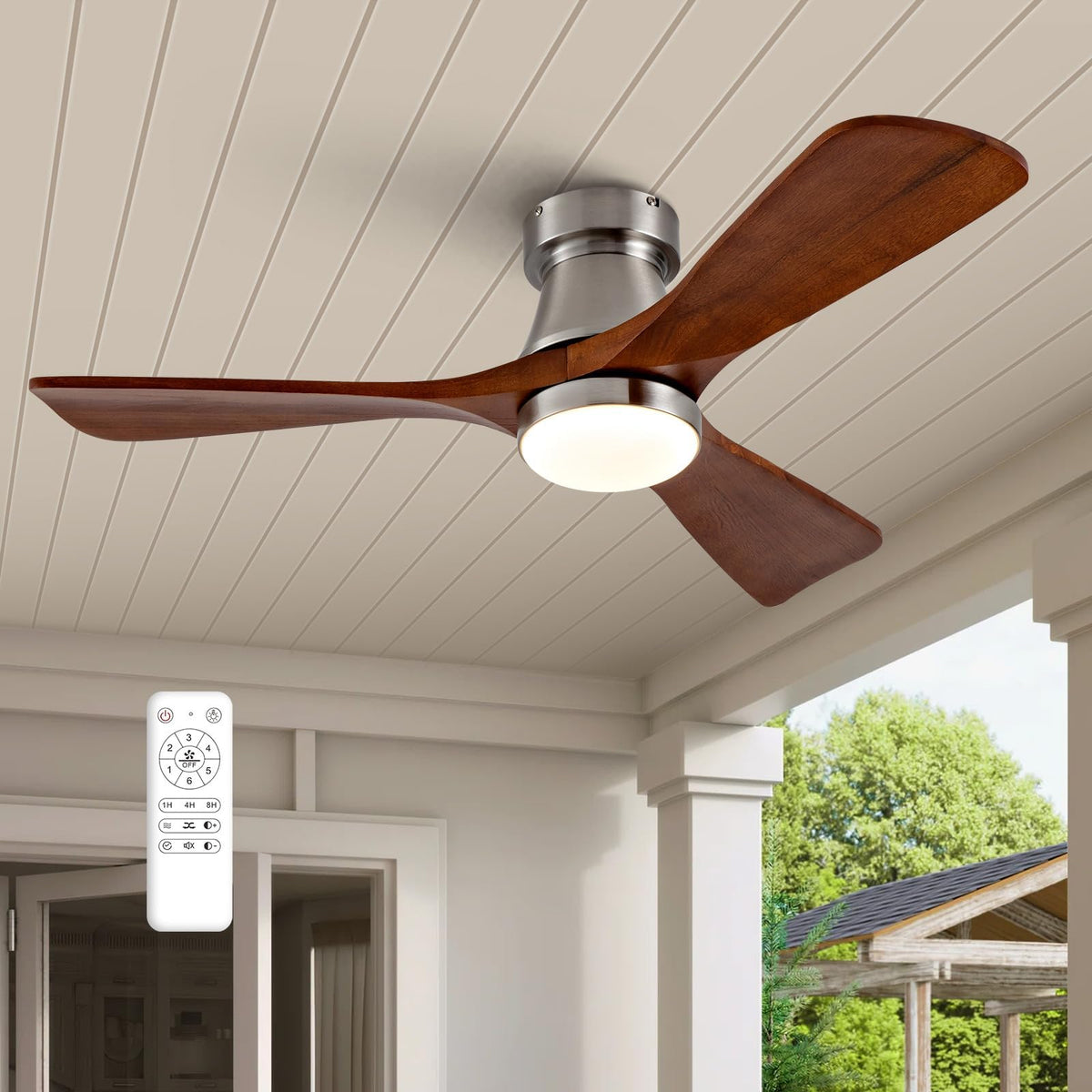 42-Inch Ceiling Fan with Lights, Remote Control, Flush Mount, Dimmable, Reversible, Wood Blades, Power-Off Memory, Quiet DC Motor – Modern Hugger Ceiling Fan for Living Room, Bedroom, Patio