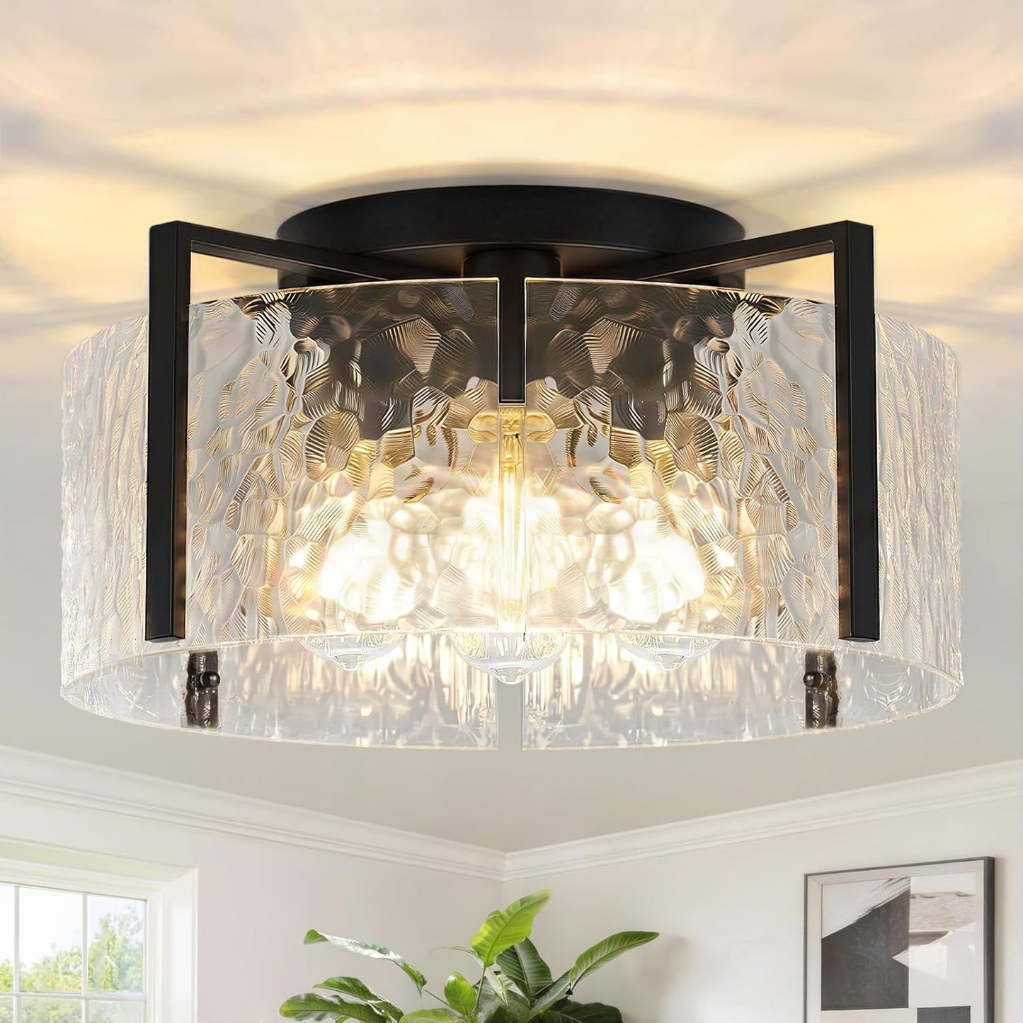 16" Semi-Flush Mount Ceiling Light, 4-Light Hammered Glass Drum Fixture | OYKYOHEI Indoor Lighting for Bedroom Hallway Entryway Kitchen Foyer Living Room Laundry Decor, Black Modern Dimmable E26