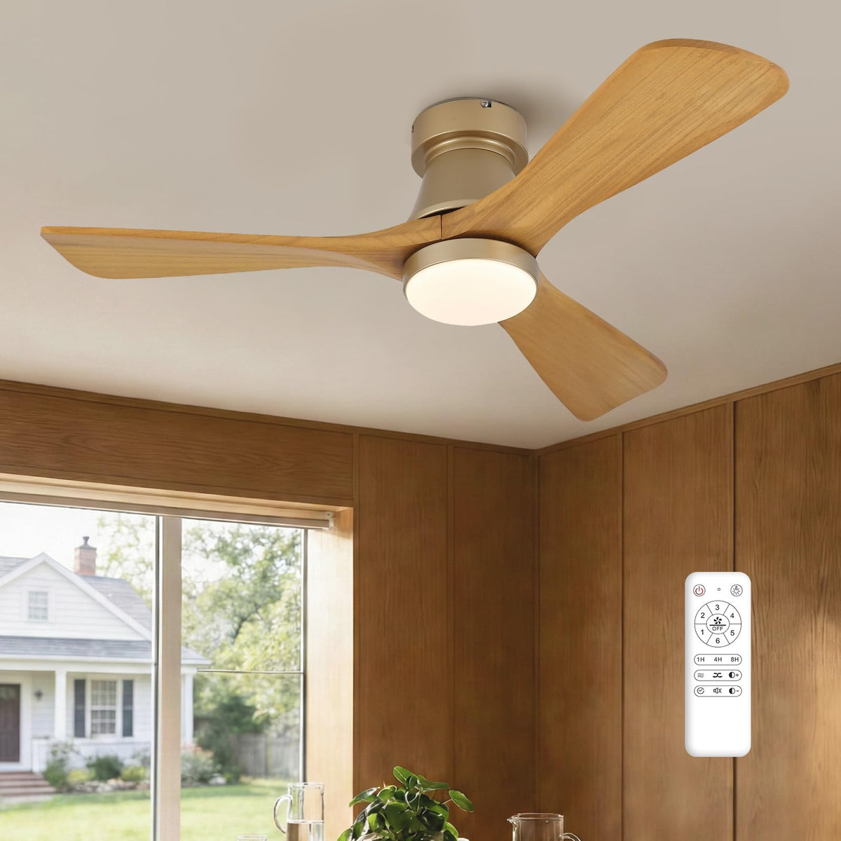 42-Inch Ceiling Fan with Lights, Remote Control, Flush Mount, Dimmable, Reversible, Wood Blades, Power-Off Memory, Quiet DC Motor – Modern Hugger Ceiling Fan for Living Room, Bedroom, Patio