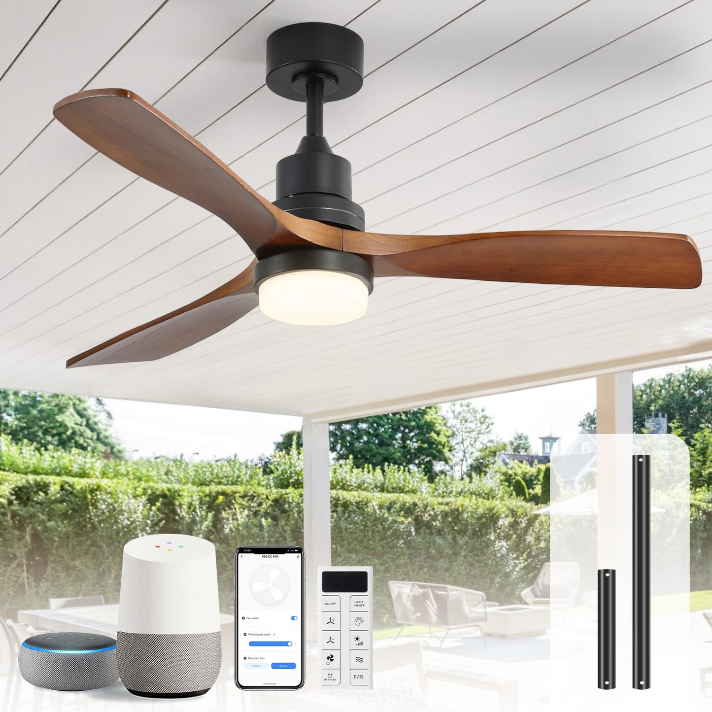 Sofucor 52 Inch Wood Ceiling Fans with Lights and Remote, Indoor/Outdoor | Modern, 3 Blade, Quiet Reversible DC Motor, 3CCT Dimmable, 6 Speeds, Timer, Bedroom/Living Room/Patio/Kitchen, Natural Wood