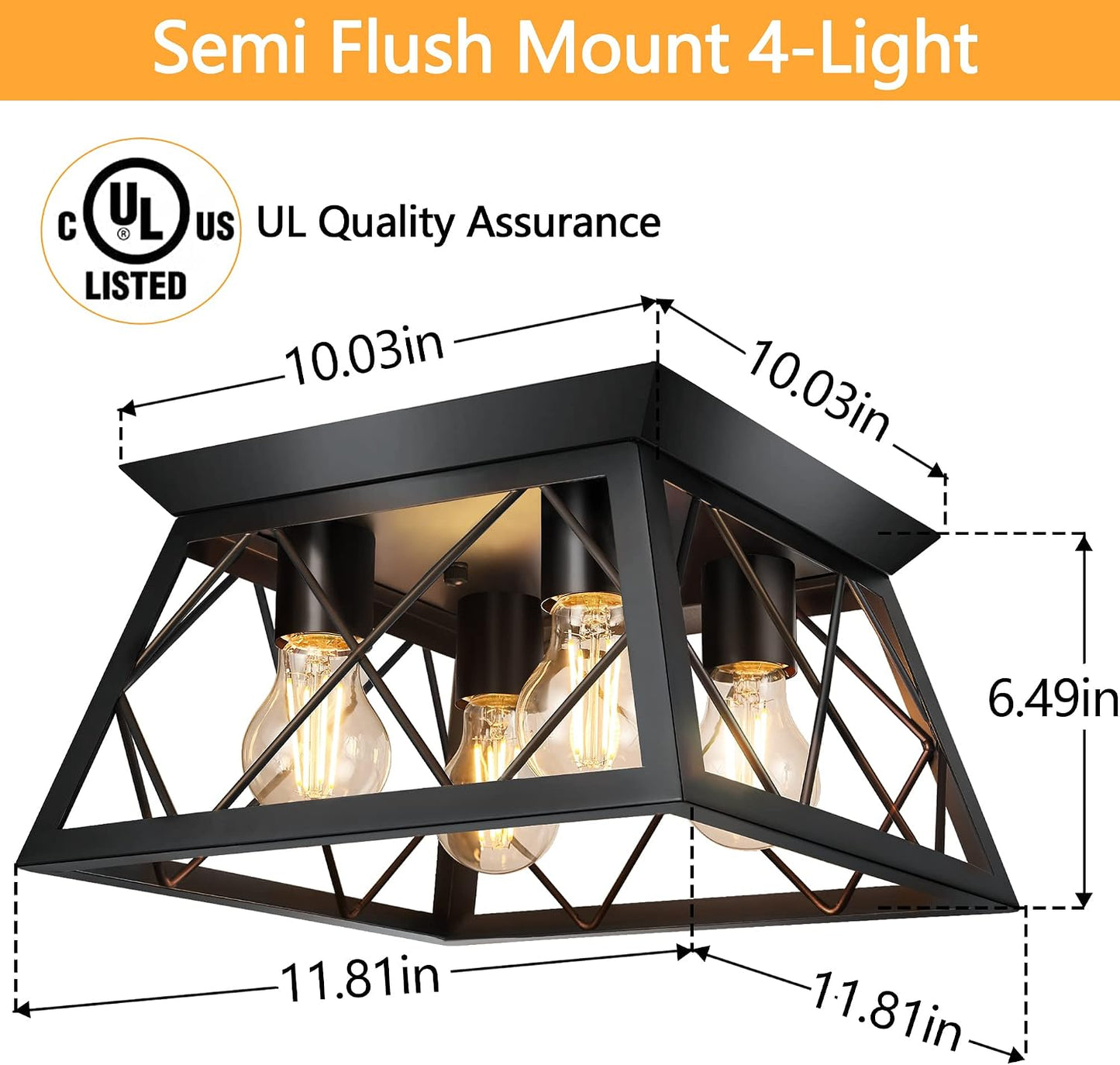FadimiKoo 4-Light Black Flush Mount Ceiling Light for Kitchen Hallway, Industrial Close to Ceiling Lighting, Farmhouse Square Cage Lamp for Dining Room, Living Room, Bulb Not Included