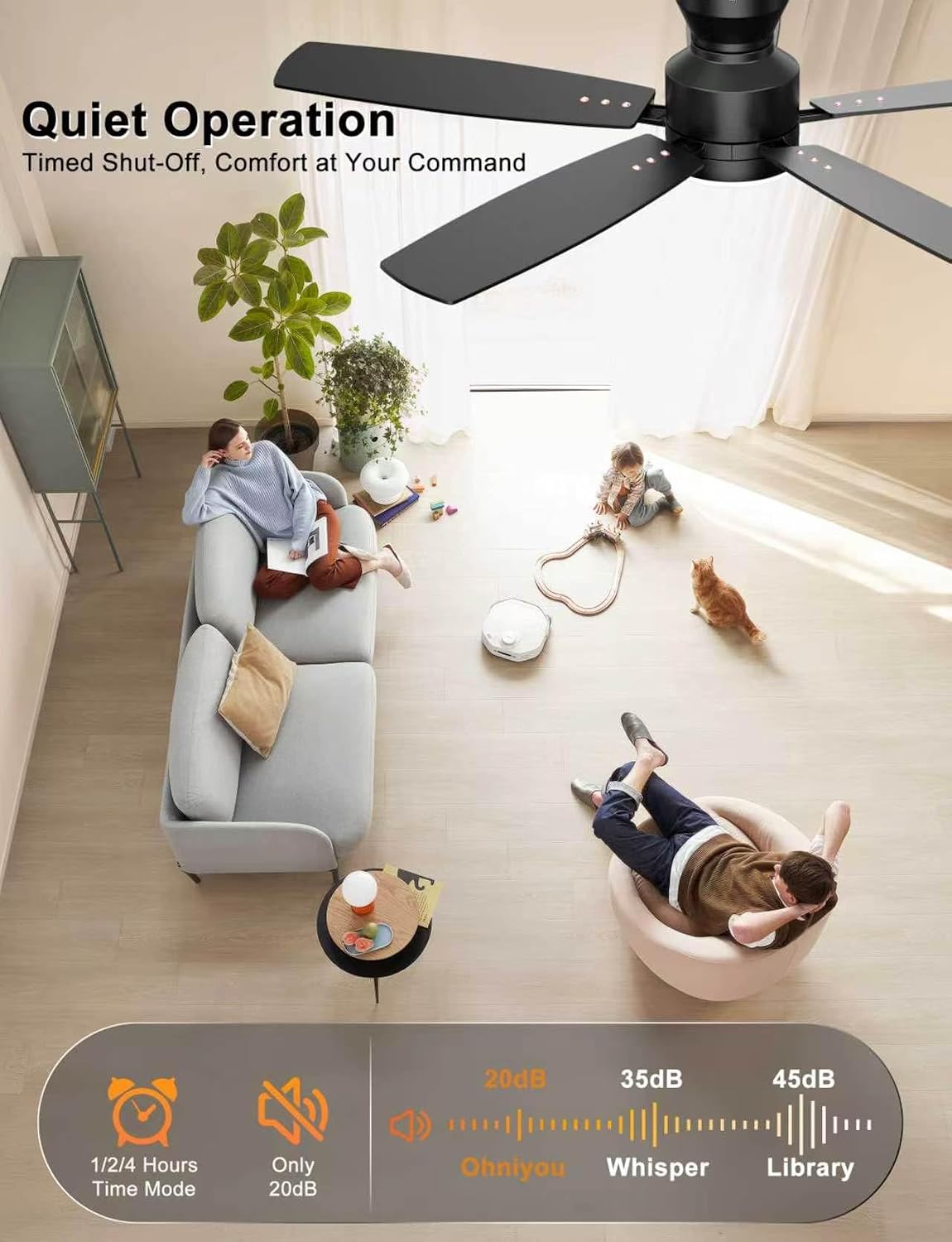 Ohniyou 52'' Low Profile Ceiling Fan with Lights, Remote/APP Control, Black | Flush Mount, Dimmable 3CCT LED, Quiet Reversible DC Motor; Memory Function, 4580 CFM, for Indoor Bedroom Living Room