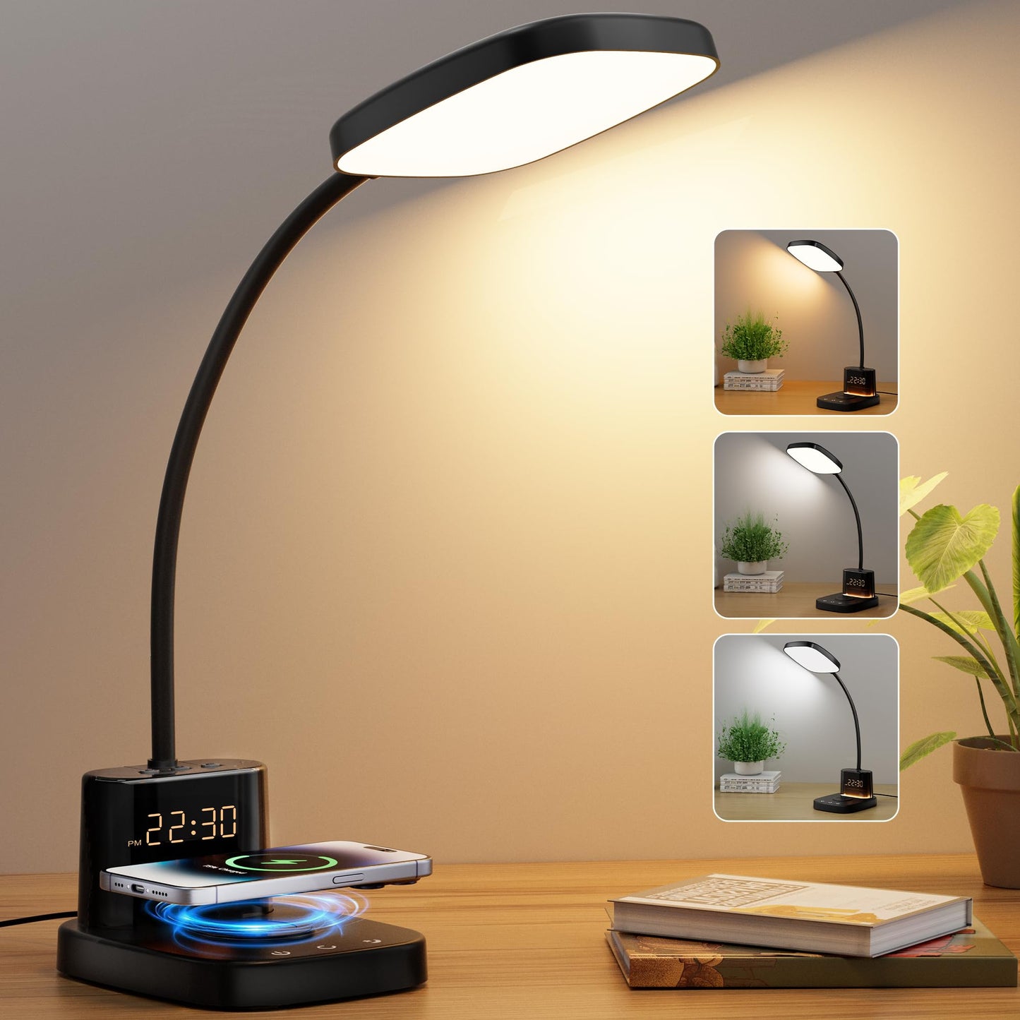 LED Desk Lamp with 10W Wireless Charging & Pen Holder, Black | CRI 95, 800LM, Stepless Dimming, 3 Modes, 360°Flexible Arm, Touch, Study Table Lamp for Home Office, Dorm Room, with Adapter