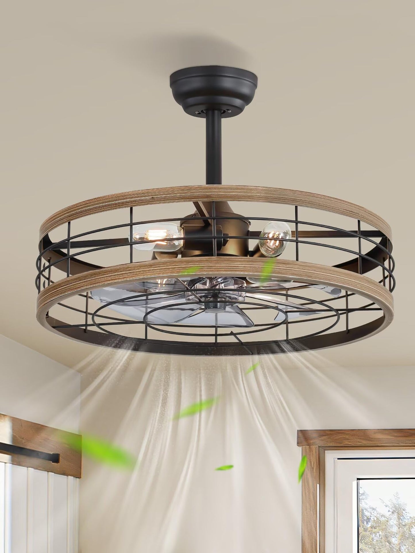 LEDIARY 20 inch Fandelier Caged Ceiling Fan with Light and Remote, Black | 6 Speed Adjustable,Timing, Quiet & Powerful DC, Small, Farmhouse, Industrial, Enclosed, Bladeless, Bedroom, Kitchen, Downrod