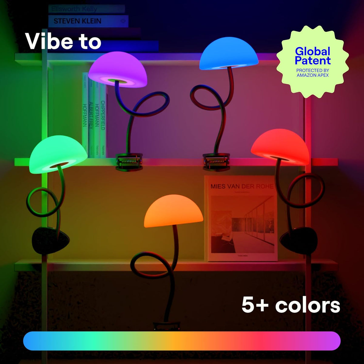 Shroommate Dorm Room Essential Clip On Bed Light - Headboard and Bedside Table Lamp, Flexible Reading Lamp, Night Light for Kids Nursery, Clip on for Desk, MultiColor LEDs, Adapter Included (White)