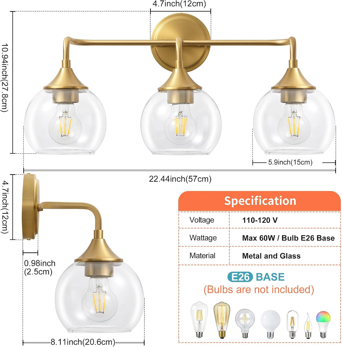 Gold Bathroom Light Fixtures 3-Light Farmhouse Vanity Light 22" | Modern Vanity Lighting Fixtures Over Mirror, Thickened Clear Glass Shade, UL E26 Dimmable