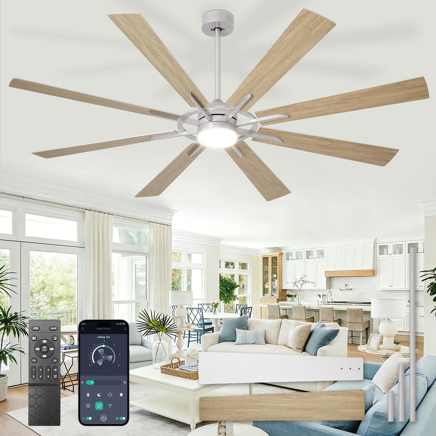 Large Ceiling Fans with Lights: Modern 72 Inch 8 Blade Outdoor Ceiling Fan with Remote APP Control - Dimmable Black Big Fan Light Indoor Reversible 6 Speed Quiet DC Motor