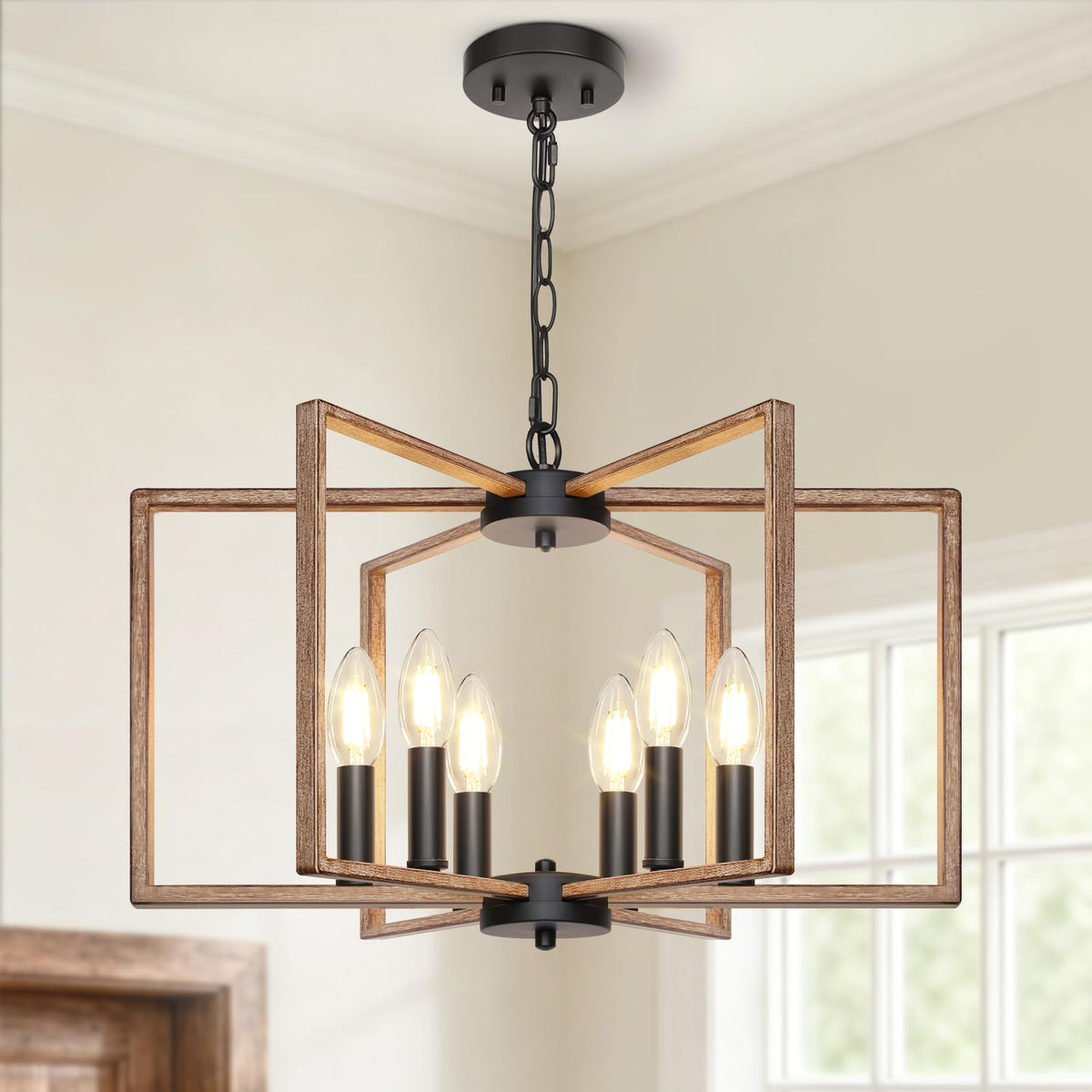 Black Farmhouse Chandelier, 6 Light Geometric Dining Room Light Fixture, Modern Industrial Metal Ceiling Light Rustic Hanging Pendant Lights with E12 base for Kitchen Island Entryway Foyer, Indoor