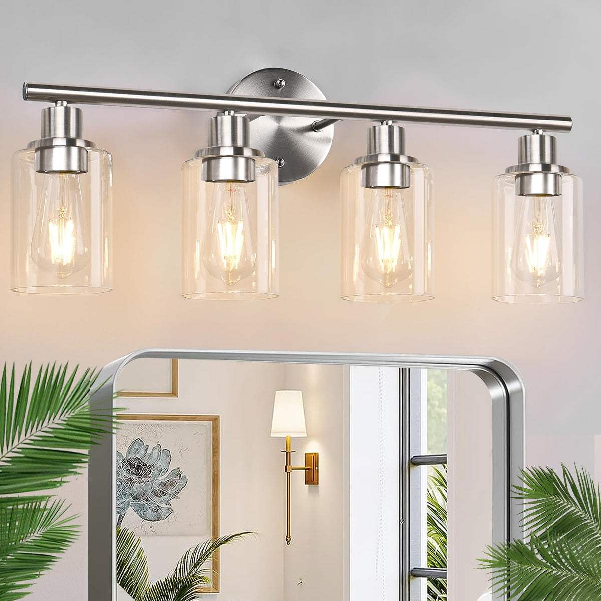 Zarbitta 3-Light Bathroom Light Fixtures, Brushed Nickel Vanity Light, Farmhouse Wall Lights with Clear Glass Shade, Bathroom Wall Lamp for Mirror Kitchen Bedroom Hallway Living Room Hallway Cabinet