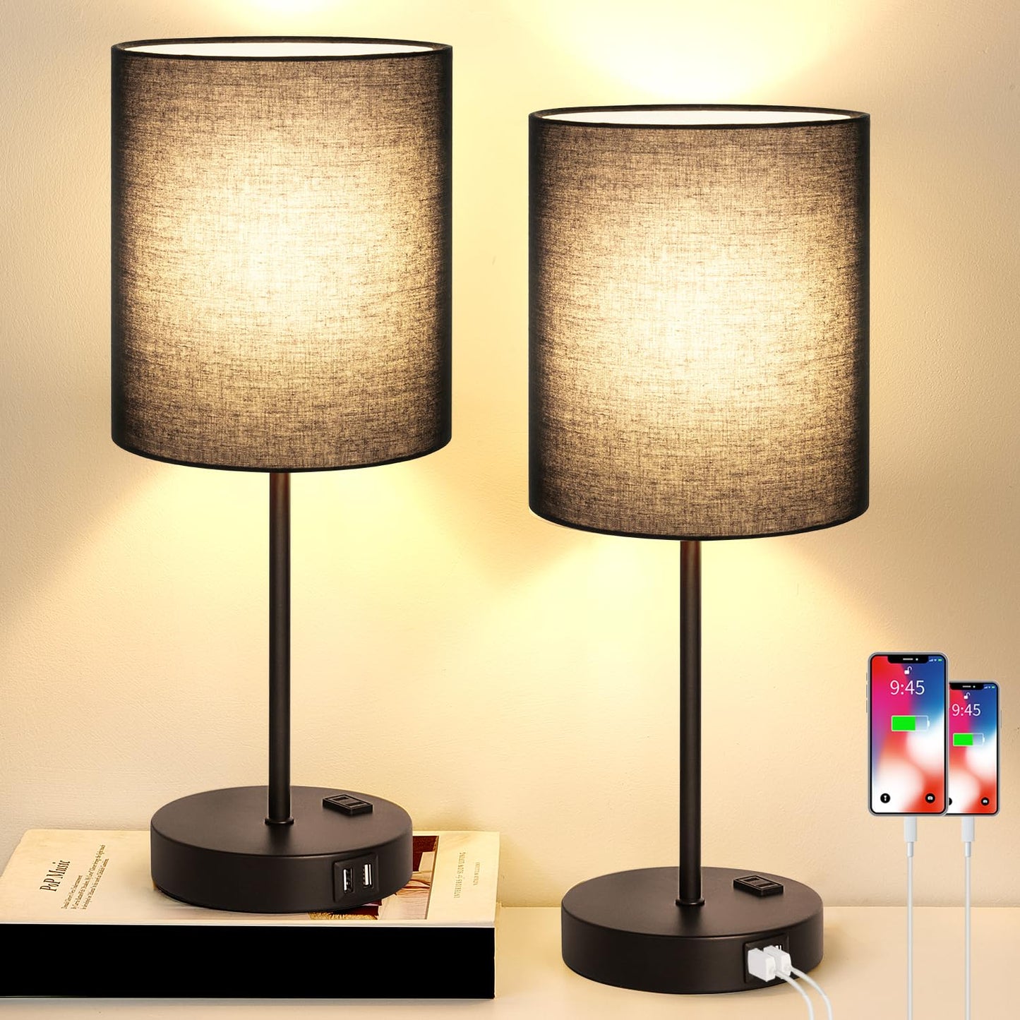 Set of 2 Touch Control Table Lamps with 2 USB & AC Outlet, 3-Way Dimmable Bedside Nightstand Lamps for Bedroom Living Room Nursery, 800 Lumens 5000K Daylight Bulbs Included