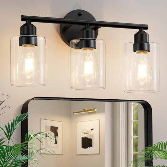 3-Light Black Modern Bathroom Vanity Light Fixtures, 17.3" | Glass Shade, For Bathroom Mirror, Kitchen, Living Room, Bath, Metal