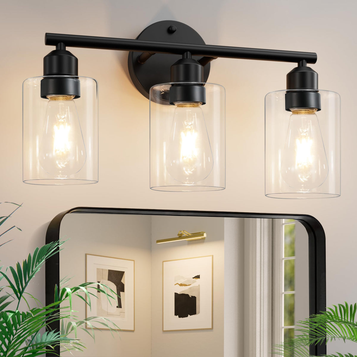 3-Light Black Modern Bathroom Vanity Light Fixtures, 17.3" | Glass Shade, For Bathroom Mirror, Kitchen, Living Room, Bath, Metal