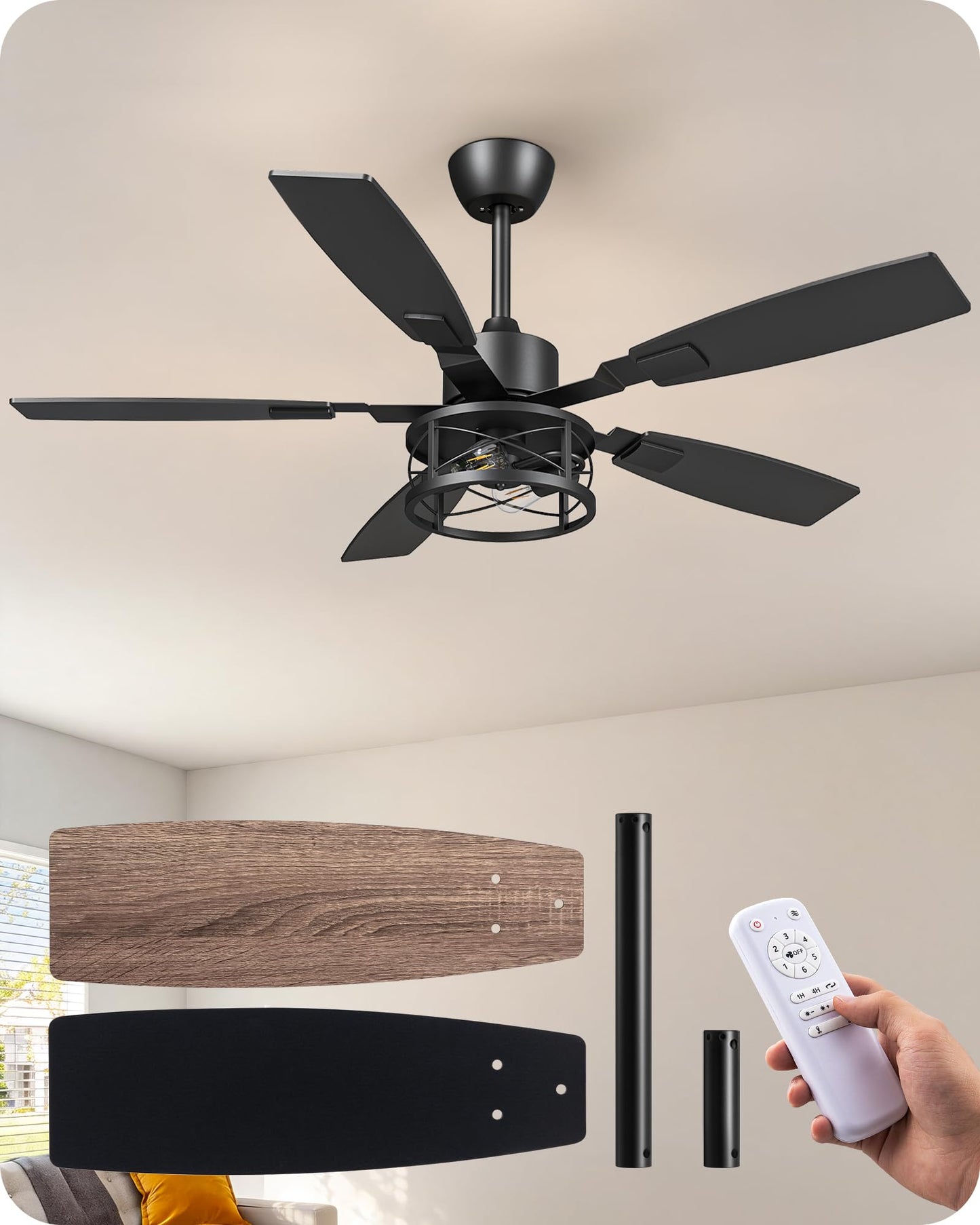 EDISHINE 42" Farmhouse Ceiling Fans with Light and Remote,10%-100% Dimmable | Reversible DC Motor, 6 Speed, 5 Wooden Blades, Timer, Rustic Caged Fandelier Ceiling Fan for Living Room, Bedroom