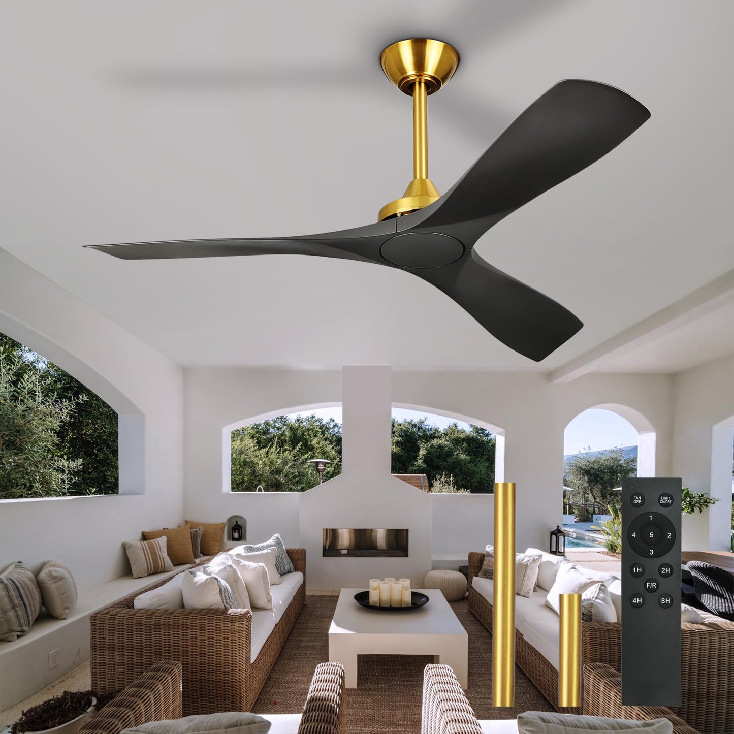 Outdoor Ceiling Fan with Light: 52 Inch 3 Blade Outdoor Fans for Patios - Modern Plastic Walnut Ceiling Fan with Dimmable Light Remote Control Ultra Quiet Reversible DC Motor Timer
