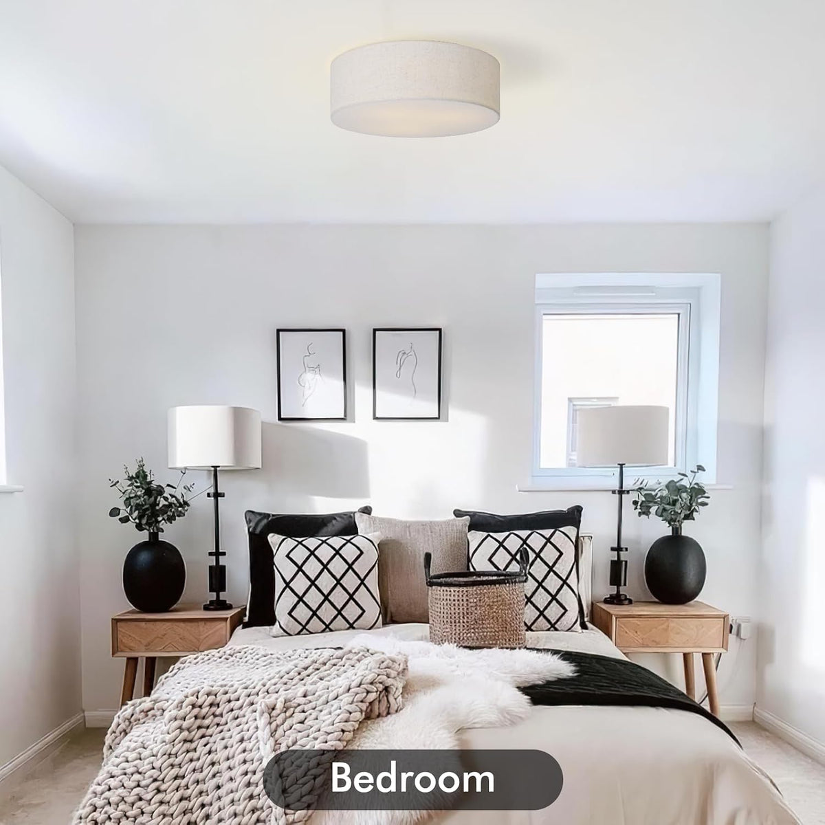 CALOKES 18-Inch Large Flush Mount Ceiling Light Fixture with Fabric Shade, Modern Drum Closed to Ceiling Lighting for Living Dining Room, Bedroom, Kitchen, Foyer - Farmhouse 3-Light Lamp & Chandelier