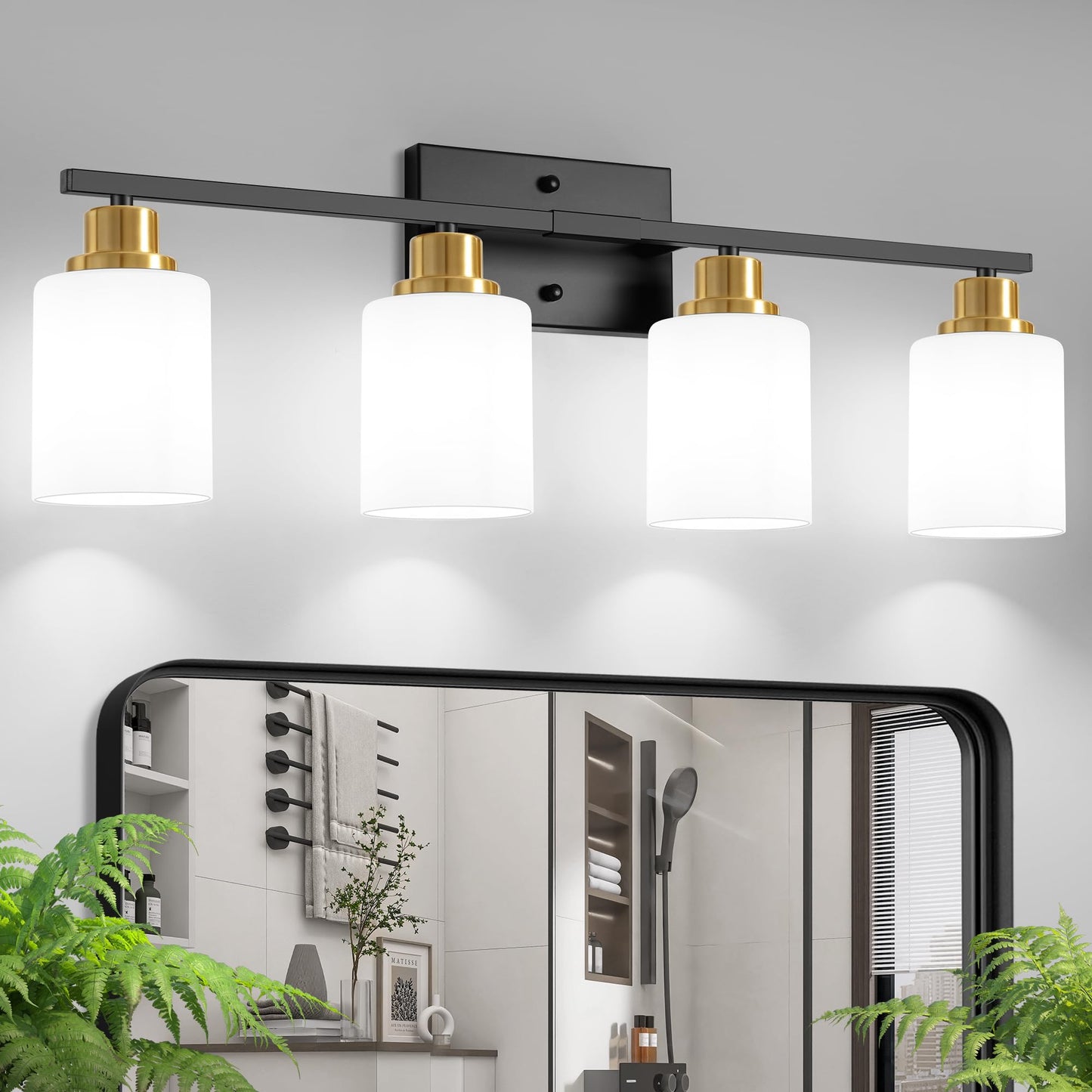 Ascher Bathroom Light Fixtures, 4-Light Vanity Light Over Mirror, Brushed Nickel Wall Sconces with Milky White Frosted Glass Shades, Wall Lamp for Living Room Bedroom, E26 Base(Bulbs Not Included)