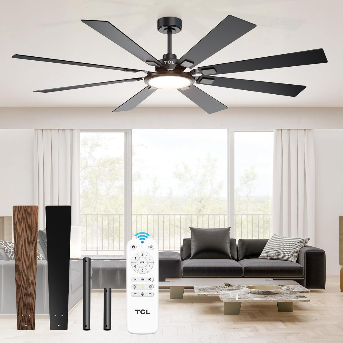 TCL Ceiling Fans with Lights and Remote: 72 Inch 8 Blades Black DC Fan | Quiet Reversible DC Motor, Dimmable Super Bright LED, Noiseless Large Modern Fan for Room, Commercial and Industrial Use