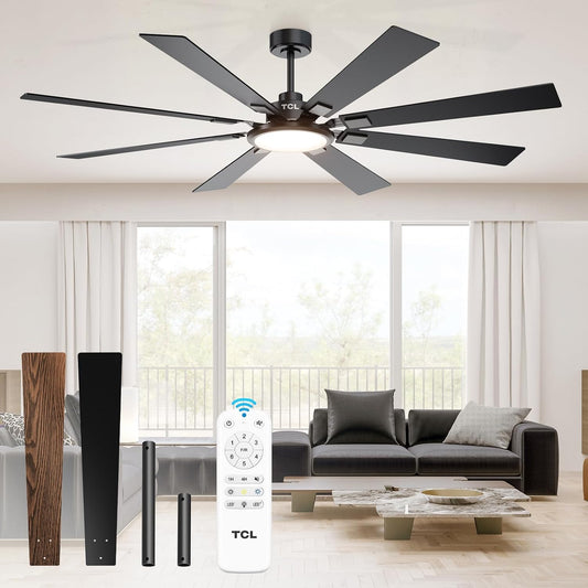 TCL Ceiling Fans with Lights and Remote: 72 Inch 8 Blades Black DC Fan | Quiet Reversible DC Motor, Dimmable Super Bright LED, Noiseless Large Modern Fan for Room, Commercial and Industrial Use