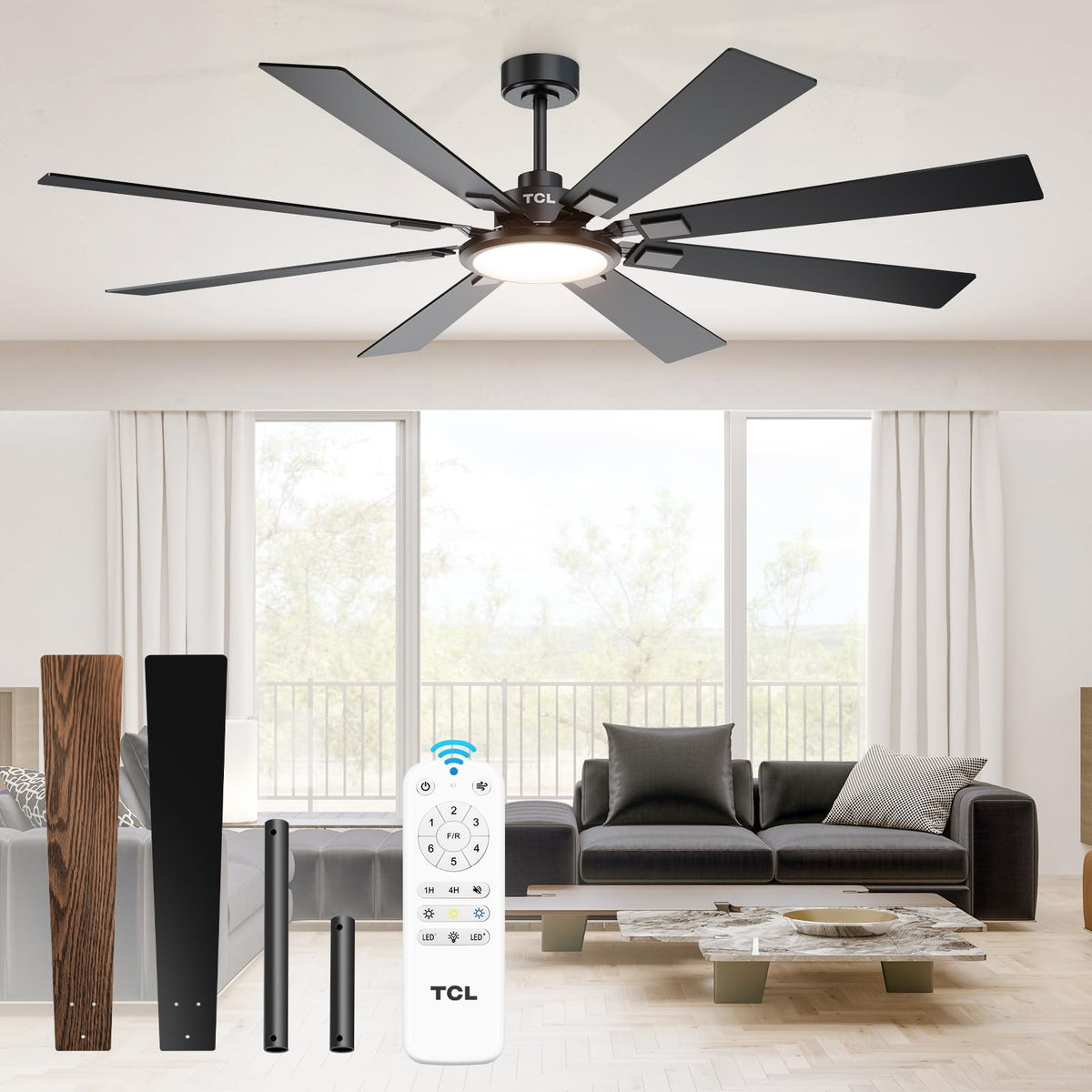 TCL Ceiling Fans with Lights and Remote: 72 Inch 8 Blades Black DC Fan | Quiet Reversible DC Motor, Dimmable Super Bright LED, Noiseless Large Modern Fan for Room, Commercial and Industrial Use