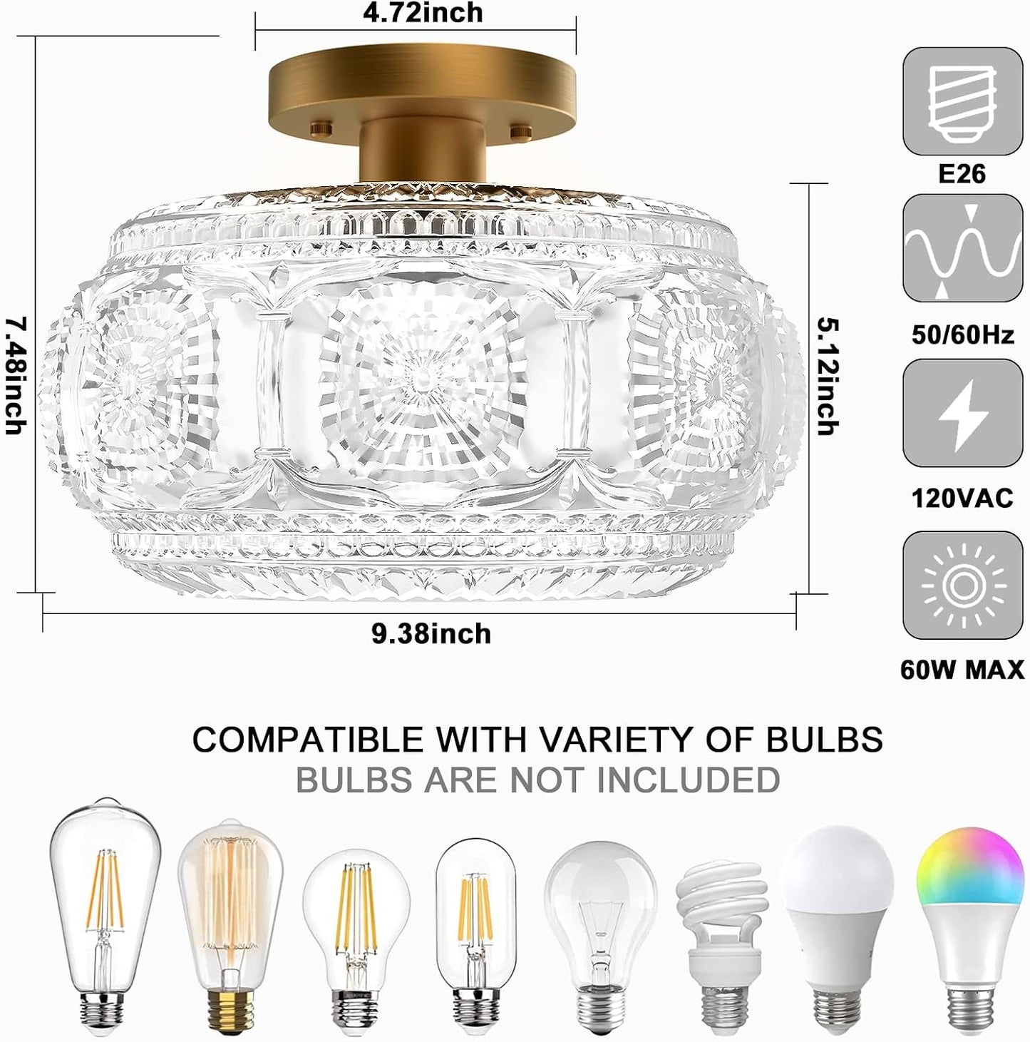 Globe Glass Semi Flush Mount Ceiling Light Fixture, Vintage Gold | Beautiful Light Shadow, Easy to Install, Bright Ambiance, Modern Lighting for Hallway Entryway Kitchen Bathroom Bedroom
