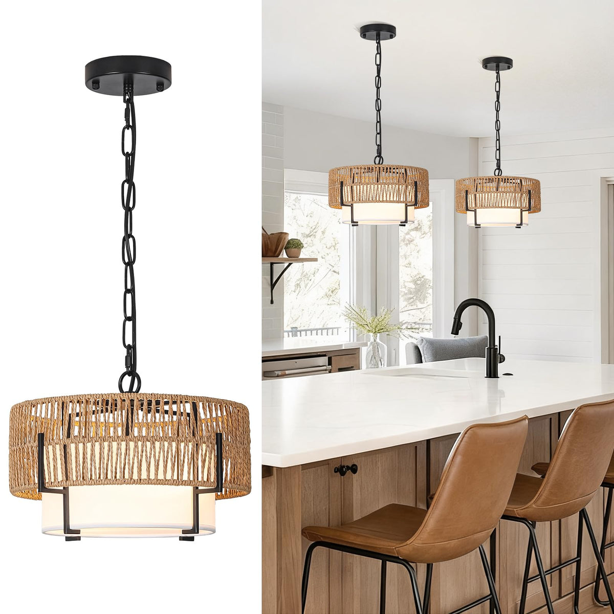 4-Light Rattan Chandelier for Dining Room, 19.7" Boho Pendant Light | Hand Woven, Drum Design with Fabric Shade, Farmhouse Style, for Living Room, Kitchen Island, Bedroom, Hallway, Foyer