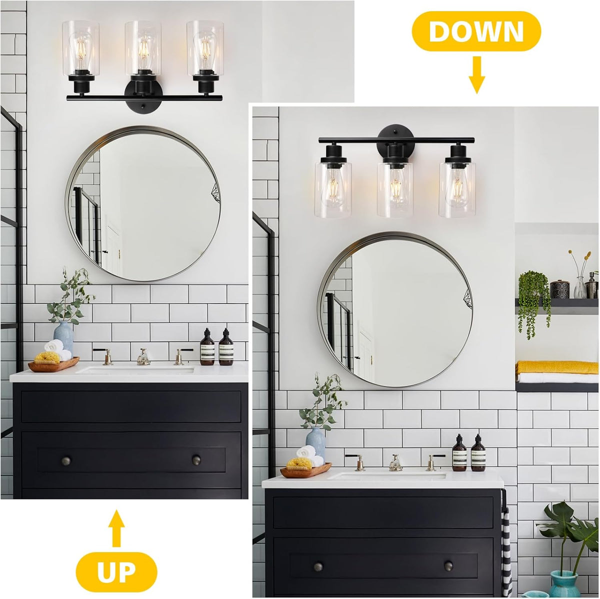 Modern Bathroom Light Fixtures, 3 Light Vanity Lights, Black Wall Lamp with Clear Glass for Bathroom, Mirror, Living Room, Bedroom, Hallway, E26 Base