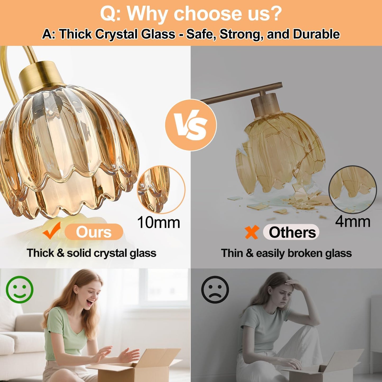Bathroom Light Fixtures, 3-Light Brushed Gold Vanity Lights for Bathroom with Ribbed Amber Tulip Glass Shade, 20 in Bathroom Vanity Lights Over Mirror for Bedroom, Living Room, Hallway