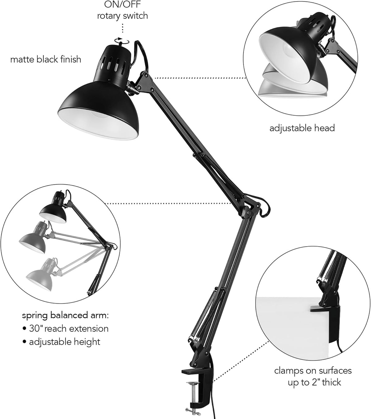 Globe Electric 56963 31.5" Multi-Joint Desk Lamp with Metal Clamp, Black, On/Off Rotary Switch on Shade, Partially Adjustable Swing Arm, Home Essentials, Reading Light, Office Décor