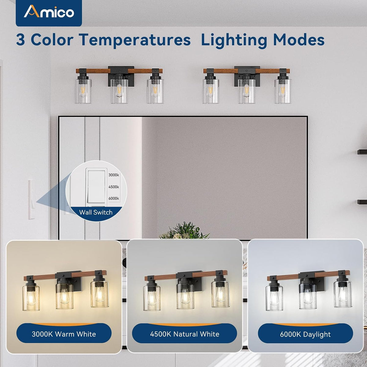 Amico 3-Light Farmhouse Bathroom Vanity Light, Seeded Glass, Black & Wood | Bubble Glass Shade Wall Sconce, Over Mirror Lighting for Bathroom, Bedroom, Living Room, Hallway, Powder Room, Entryway