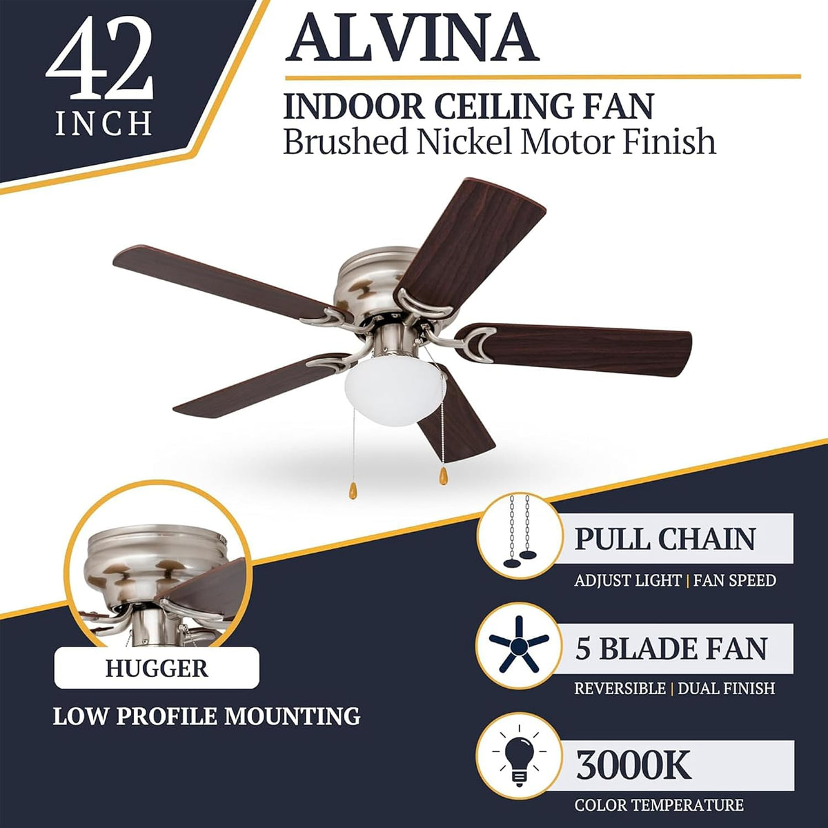 Prominence Home Alvina 42 Inch Traditional Flush Mount Ceiling Fan with Light, Pull Chain, Dual Finish Blades, Reversible Motor, Brushed Nickel
