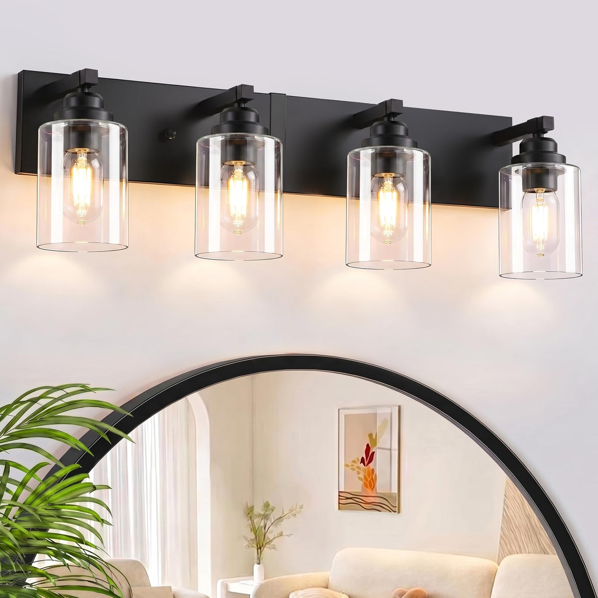 Farmhouse 3-Light Bathroom Vanity Light Fixtures, Black and Wood | 18.8″ Rustic Matte Black Metal Frame, Clear Glass Shades, Vintage Wall Sconces Lighting Over Mirror, for Bathroom Restroom