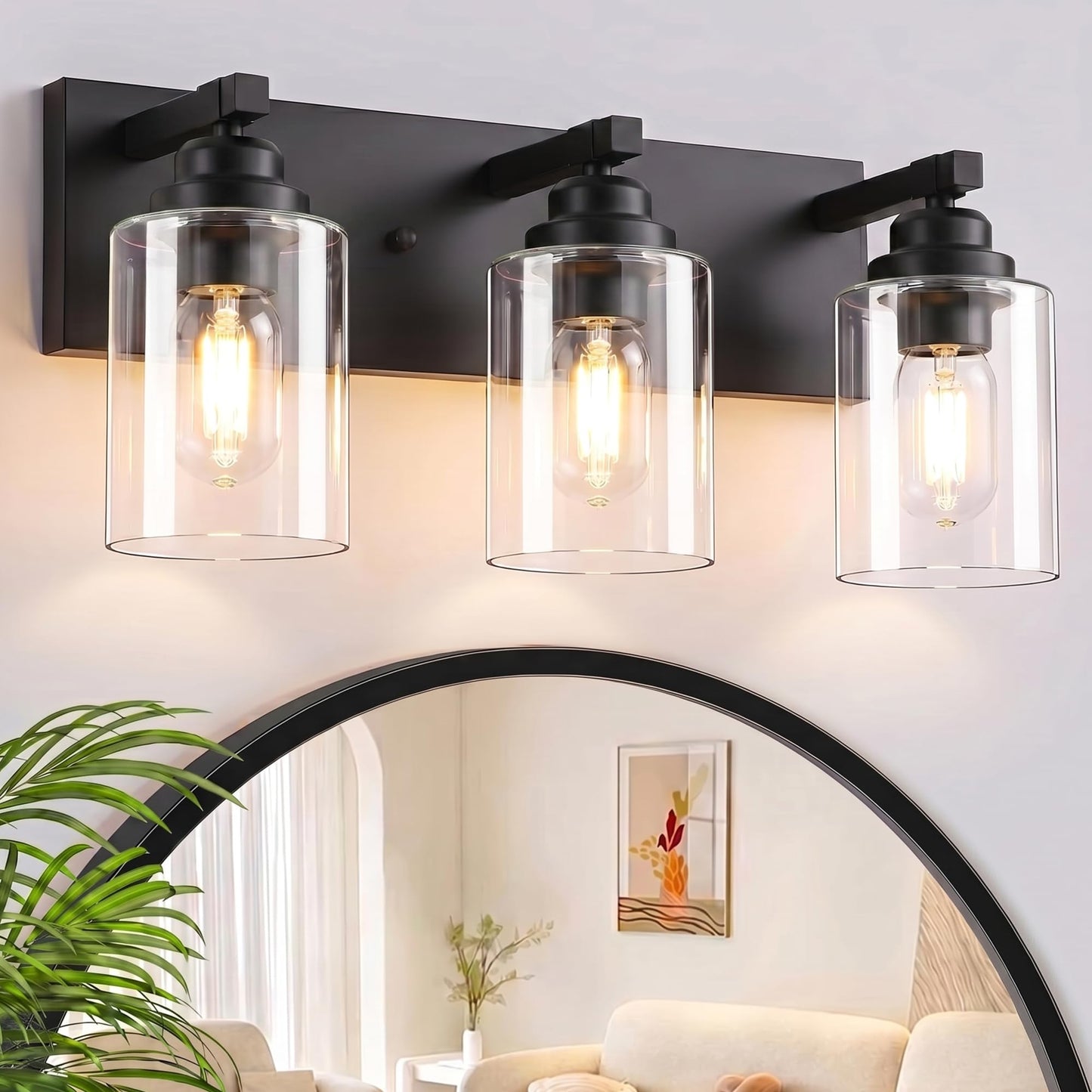 Farmhouse 3-Light Bathroom Vanity Light Fixtures, Black and Wood | 18.8″ Rustic Matte Black Metal Frame, Clear Glass Shades, Vintage Wall Sconces Lighting Over Mirror, for Bathroom Restroom