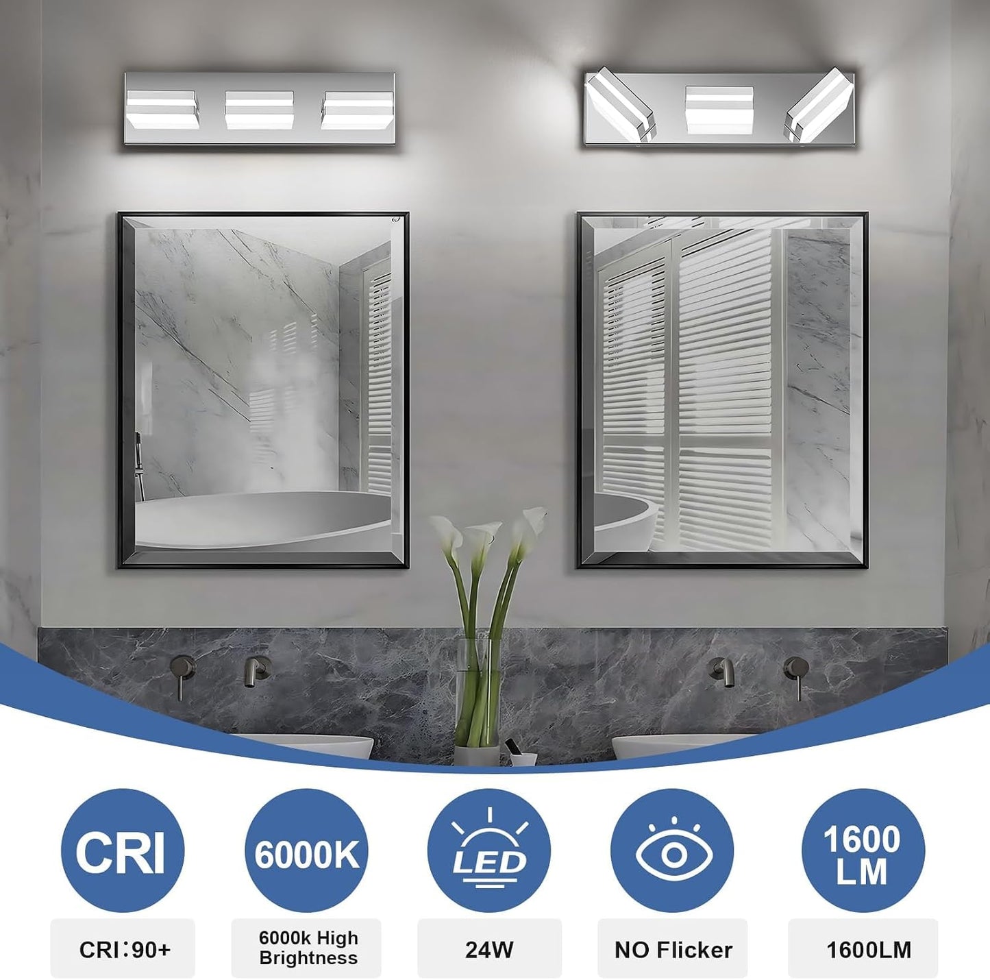 Modern LED Stainless Steel Chrome Acrylic Bathroom Lights Fixtures 3-Light | Wall Lighting,Vanity Lights for Bathroom Over Mirror 6000K 350°Rotate（No Assembly Required）