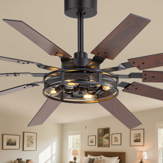 60 Inch Farmhouse Ceiling Fans with Rustic Lights, Caged Ceiling Fans with Remote, Industrial Ceiling Fan with Reversible DC Motor, Antique Downrod Mount Fan with Chandelier for Living Room Bedroom