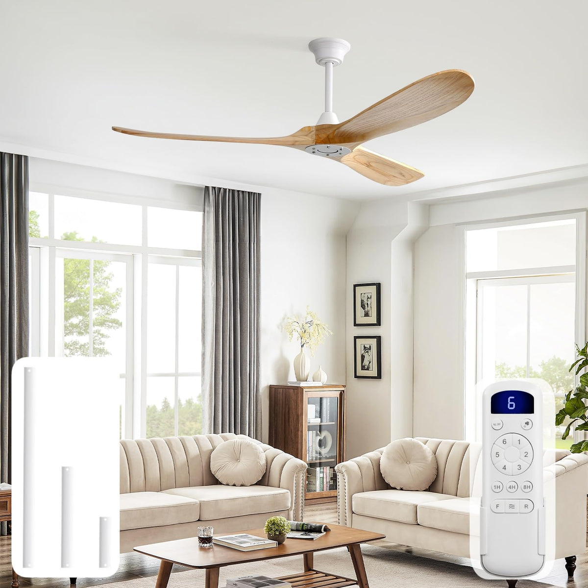 Sofucor 52 Inch Wood Ceiling Fans with Lights and Remote, Indoor/Outdoor | Modern, 3 Blade, Quiet Reversible DC Motor, 3CCT Dimmable, 6 Speeds, Timer, Bedroom/Living Room/Patio/Kitchen, Natural Wood