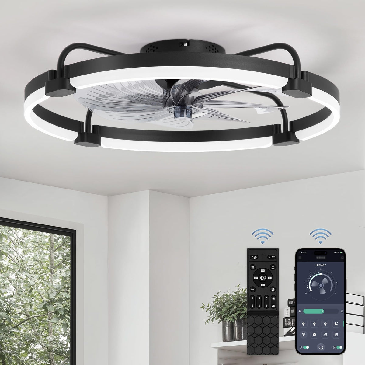 LEDIARY 20" Ceiling Fans with Lights and Remote, Low Profile Led Fan Light | Flush Mount, Stepless Dimmable Fandelier, 6 Speeds, 3 CCT, Quiet Reversible DC Motor, 2H Timer, Bedroom, Living Room, Black