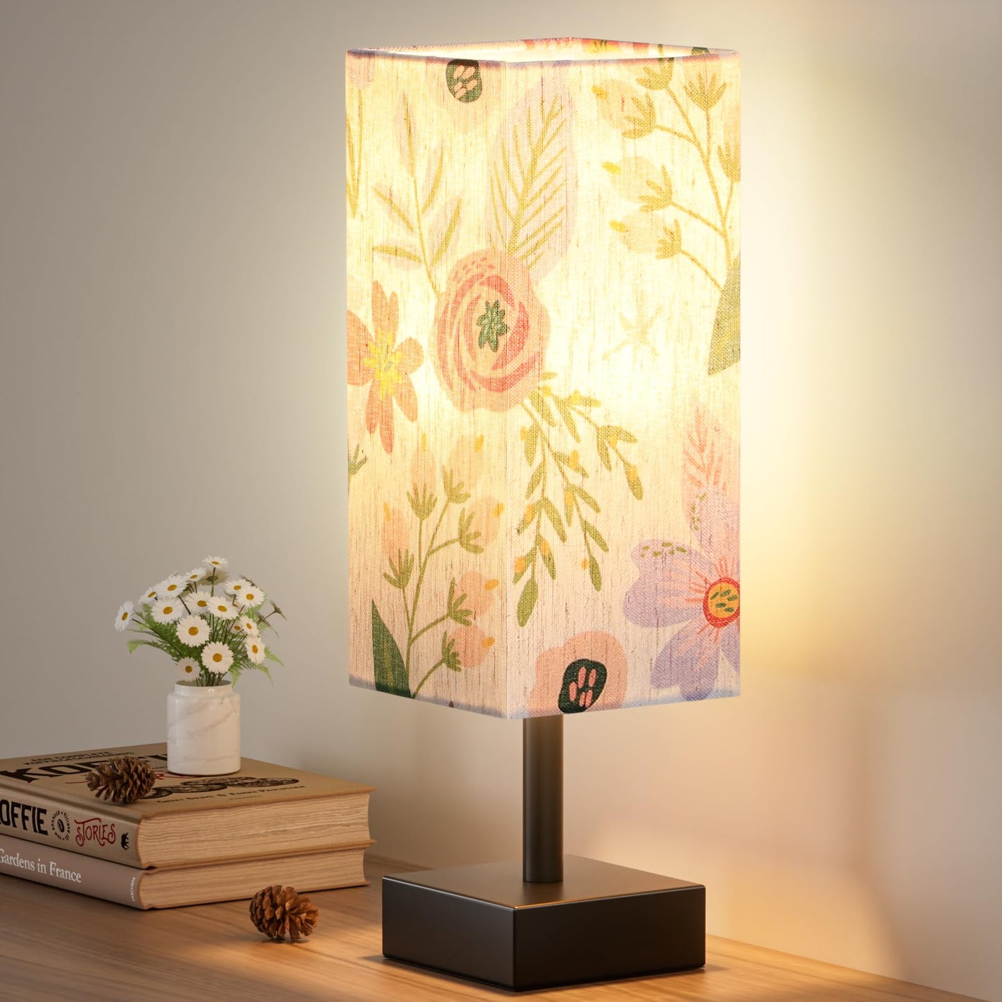 aooshine Small Bedside Table Lamp for Bedroom - Square Cream Fabric Shade | Inline Rocker Switch, Corded Electric, Bulb Not Included, 12.8" Mini Table Lamp for Nightstand, Desk, Dorm, Office