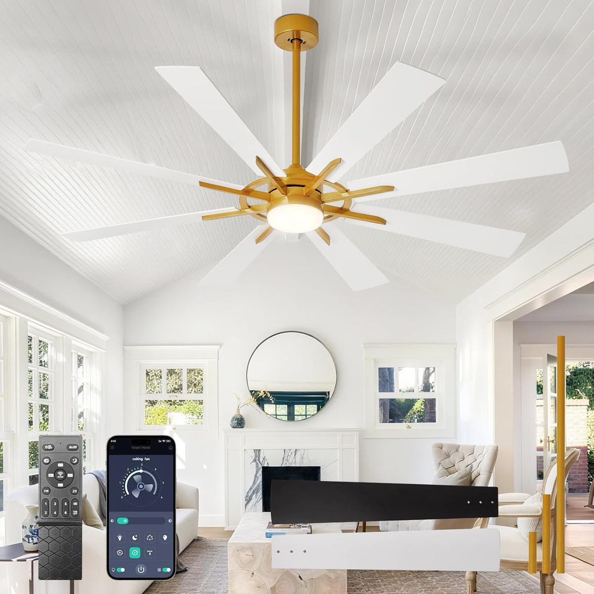 Large Ceiling Fans with Lights: Modern 72 Inch 8 Blade Outdoor Ceiling Fan with Remote APP Control - Dimmable Black Big Fan Light Indoor Reversible 6 Speed Quiet DC Motor