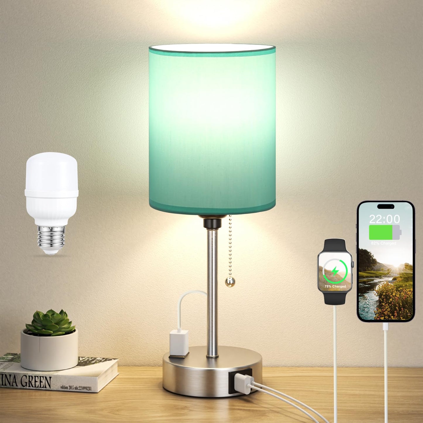 Dicoool Bedside Table Lamp for Bedroom - Small Desk Lamp with USB Ports | USB A+C Ports, AC Outlet, 3 Color Temperatures, LED Bulb Included, White Fabric Shade, Black Metal Base, 14" Nightstand lamp