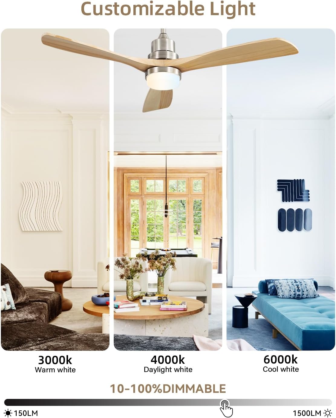 Sofucor 52 Inch Wood Ceiling Fans with Lights and Remote, Indoor/Outdoor | Modern, 3 Blade, Quiet Reversible DC Motor, 3CCT Dimmable, 6 Speeds, Timer, Bedroom/Living Room/Patio/Kitchen, Natural Wood